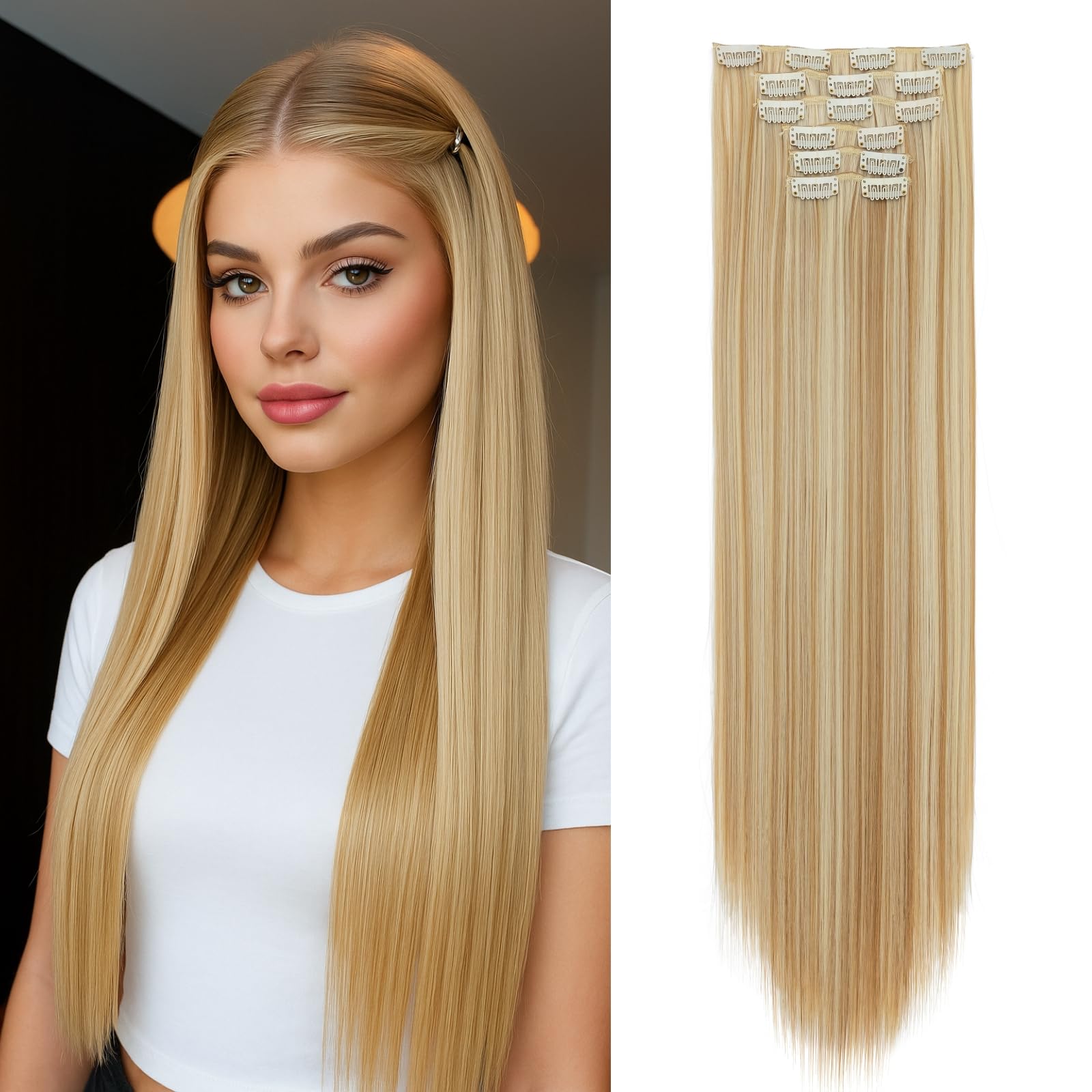 Benehair 24" Clip in Hair Extensions Full Head 6 Pcs 16 Clips Long Straight Hair Extensions Clip in Synthetic Fiber Natural Extension Hairpiece for Women(Golden Blonde mix Light Blonde