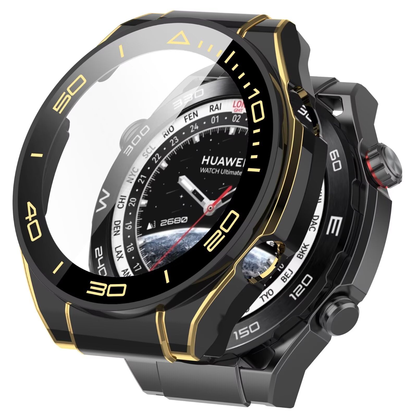YKNIUFLY Etui kompatybilne z Huawei Watch Ultimate, folia hartowana na ekran, zintegrowana, zapobiegająca upadkowi, etui ochronne na zegarek, kompatybilne z Huawei Watch Ultimate. (czarno-złote)