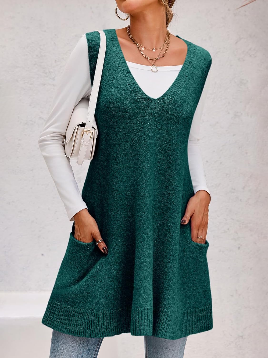 Saodimallsu Womens Sleeveless Sweater Vest V Neck Casual Loose Knit A Line Flattering Tunic Top with Pockets - Image 3