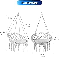 Vista 2 de Silla hamaca colgante, columpio de cuerda de algodón de macramé hecho a mano con cojín de asiento y juntas tóricas de acero, ideal para decoración