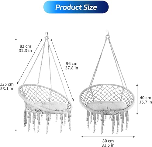 Miniatura 2 de Silla hamaca colgante, columpio de cuerda de algodón de macramé hecho a mano con cojín de asiento y juntas tóricas de acero, ideal para decoración
