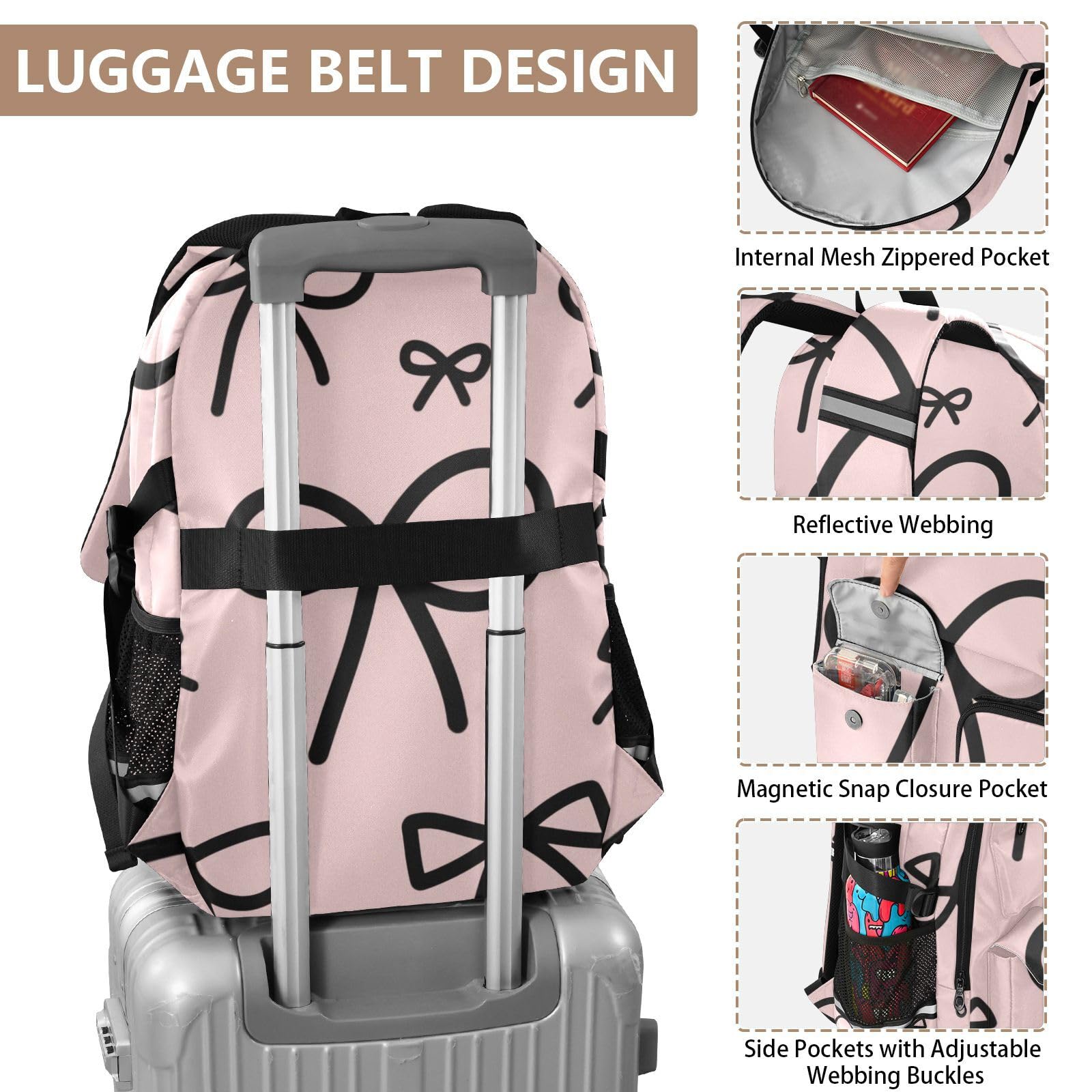 Mochila de viaje grande con lazo rosa para libros escolares
