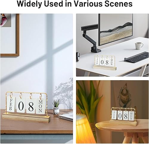 Miniatura 6 de Calendario perpetuo de madera abatible con soporte de metal dorado con papel calendario diario mensual con luz para la oficina diaria, decoración