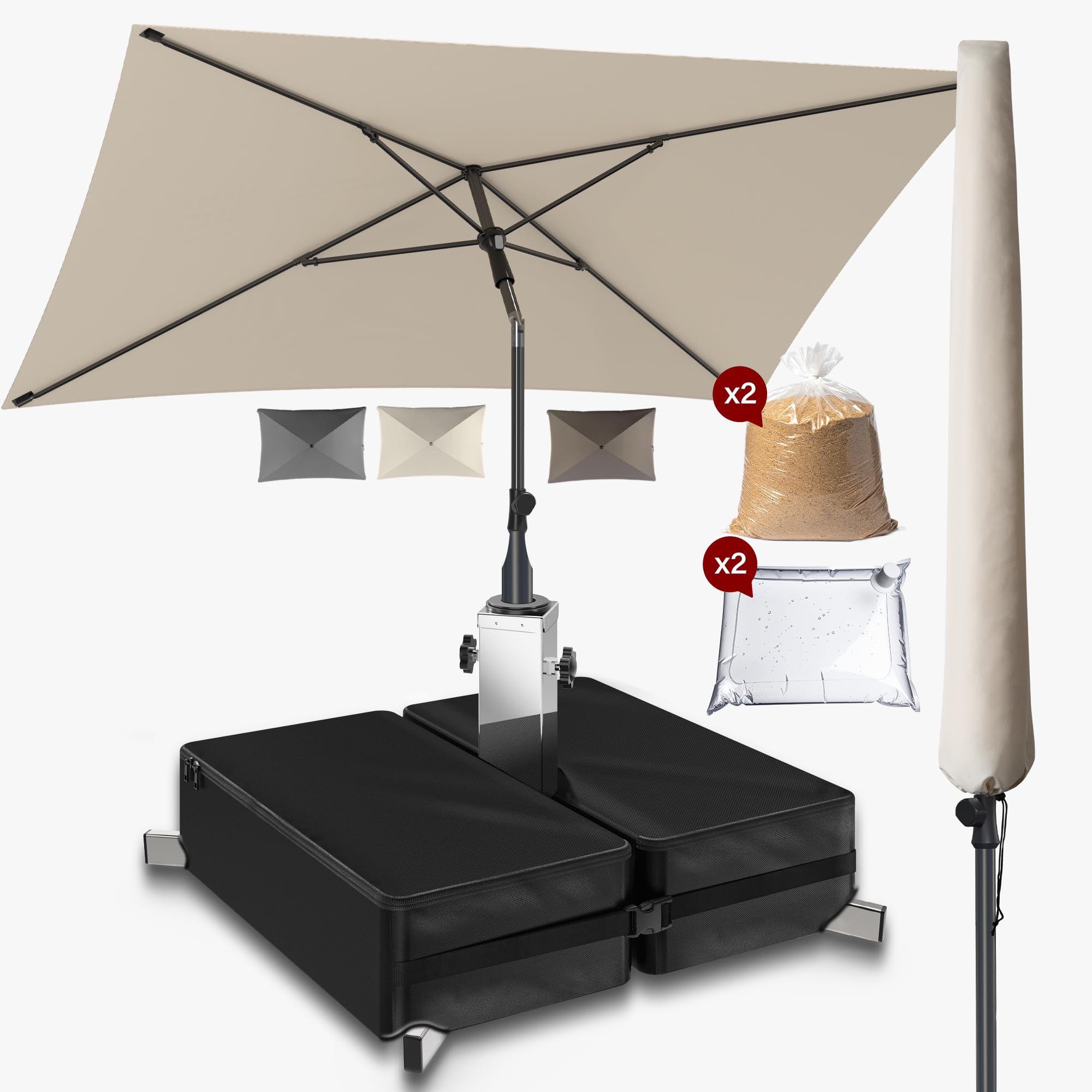 4smile Sonnenschutz Balkon Set 3-teilig, Beige - Sonnenschirm rechteckig 200x125cm + Sonnenschirmständer + Schirmhülle - Sonnenschirm Balkon mit Ständer, Balkonschirm knickbar höhenverstellbar