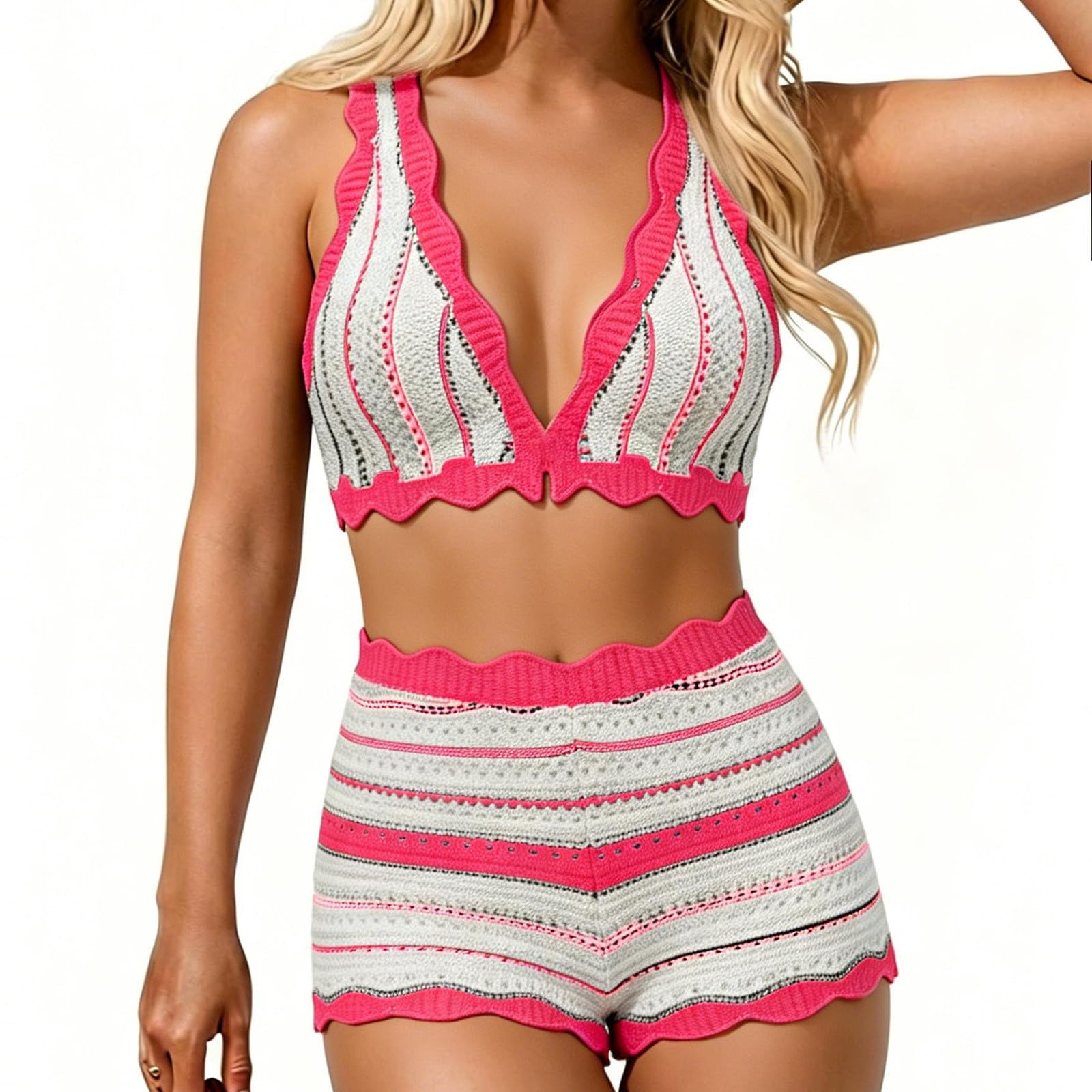 2 Piece Bikini Set for Women Halterneck Crochet Boho Swimsuit with Shorts Summer Beach Vacation Outfits
