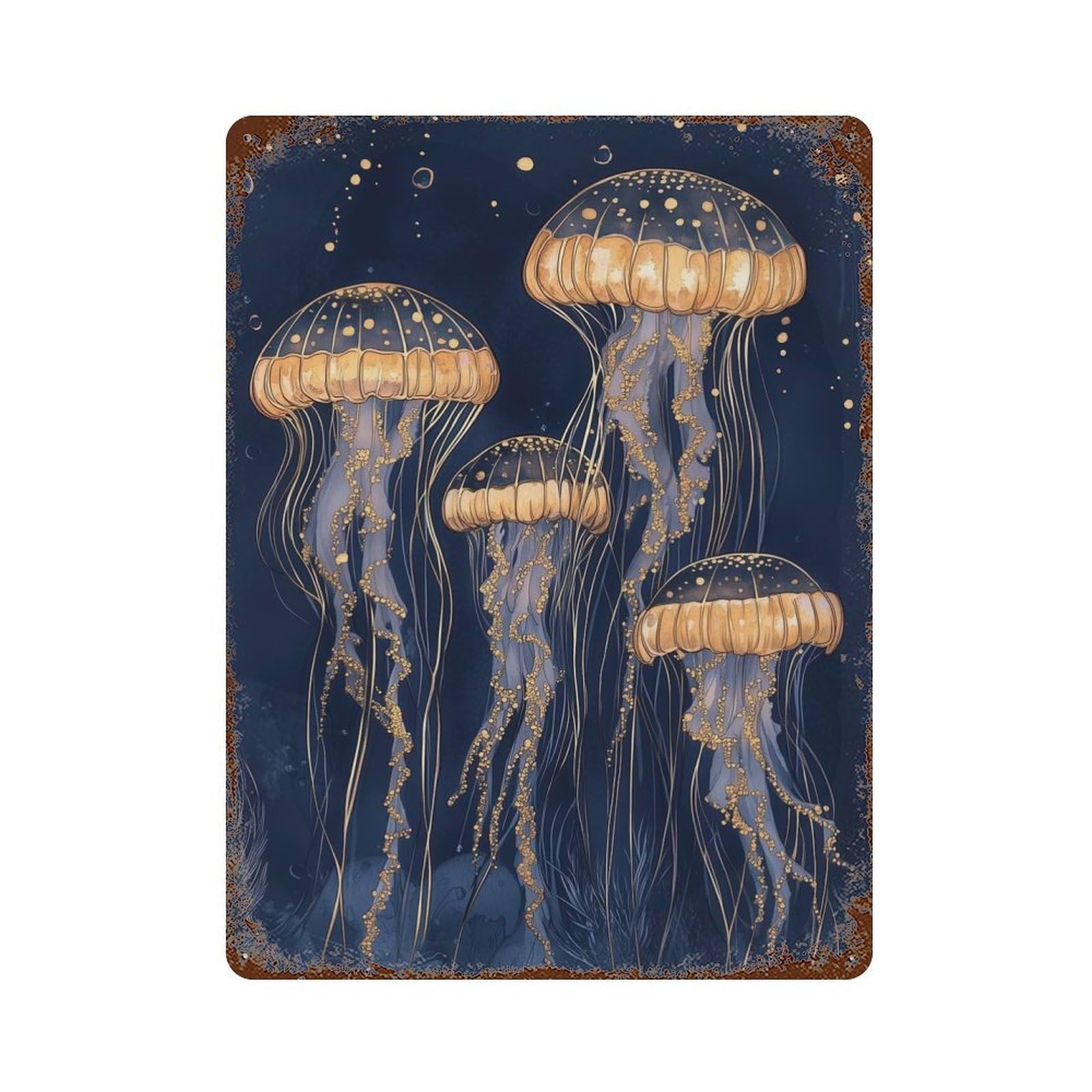 Abstract Golden Jellyfish Vintage Metal Tin Sign 15.7"x11.8", Rustic Home Decor for Garage, Bar And Workshop Decor