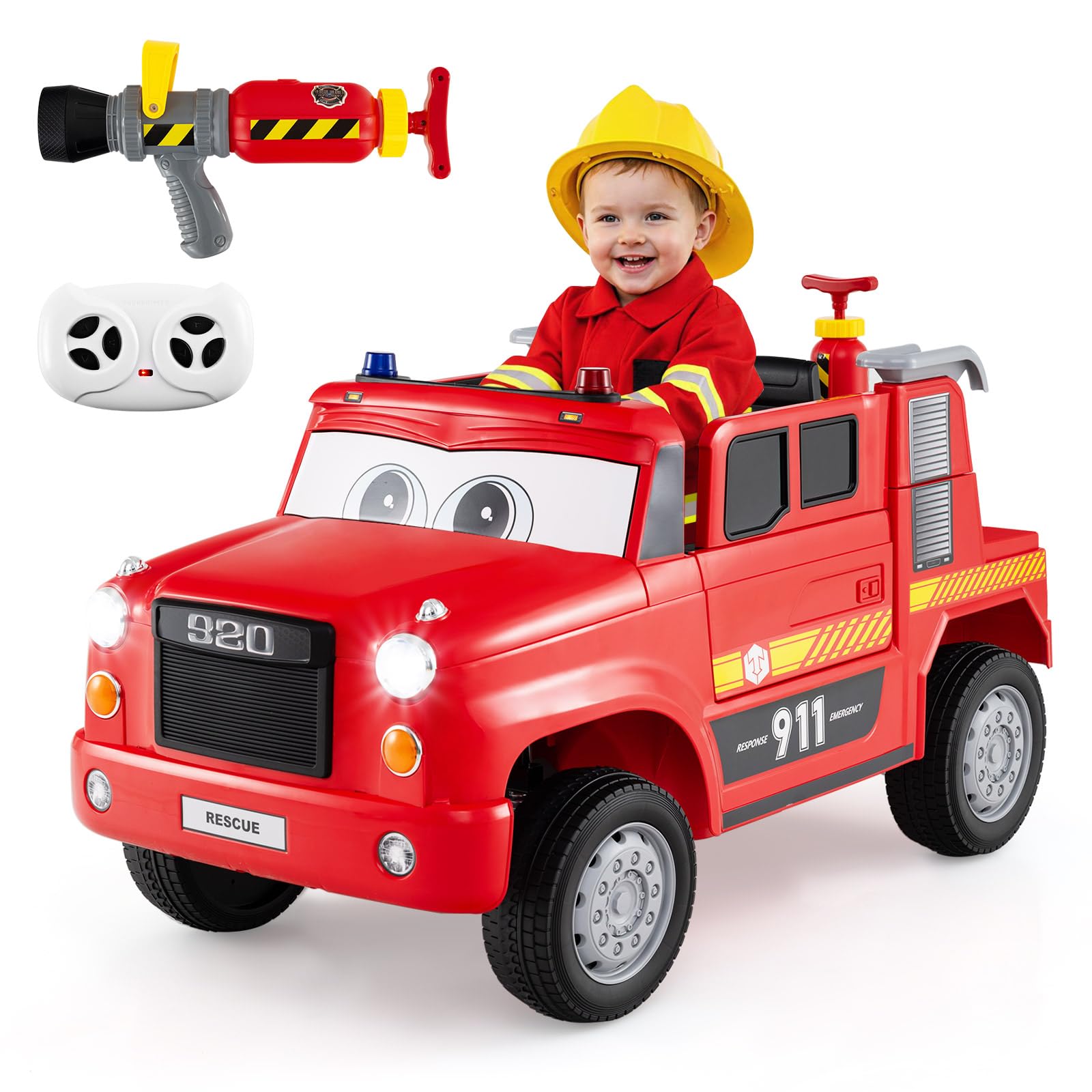 COSTWAY Kinder Elektroauto, 12V Feuerwehrauto Elektro mit Wasserpistole & Fernbedienung, Elektrisches Kinderauto mit Musik, Alarm, Blinklichtern und Softstart, Elektrofahrzeug für Kinder ab 3 Jahren