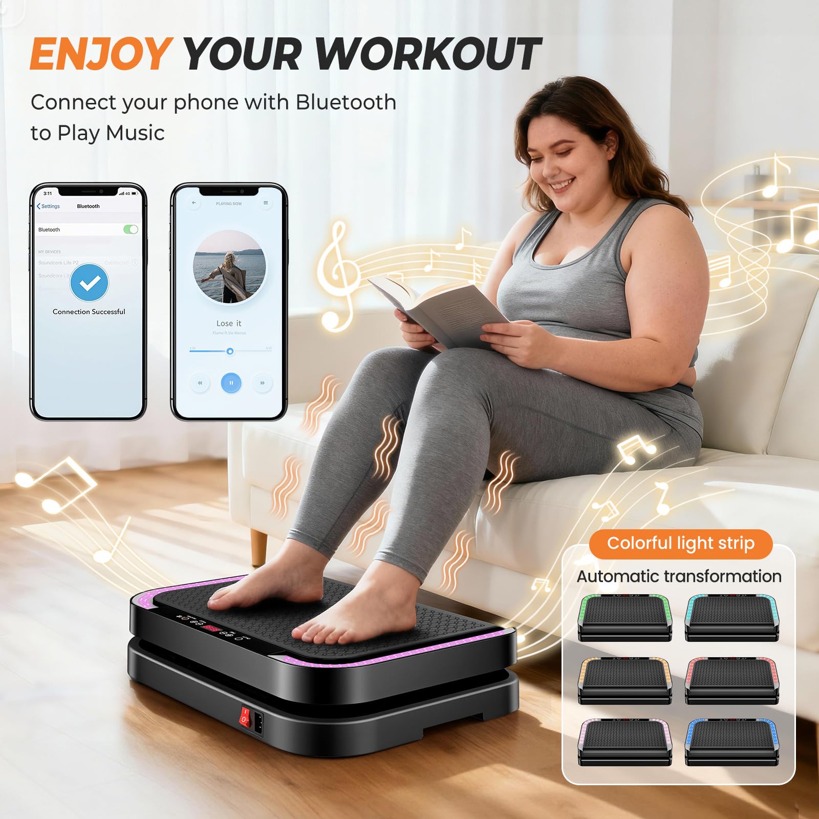 Plateforme Vibrante, Plaque Vibrante Fitness avec 200 Niveaux d'Intensité, 9 Programmes Sport, Haut-Parleur Bluetooth, Télécommande, Bandes et Cordes de Résistance , Écran LED, Capacité de 200 kg