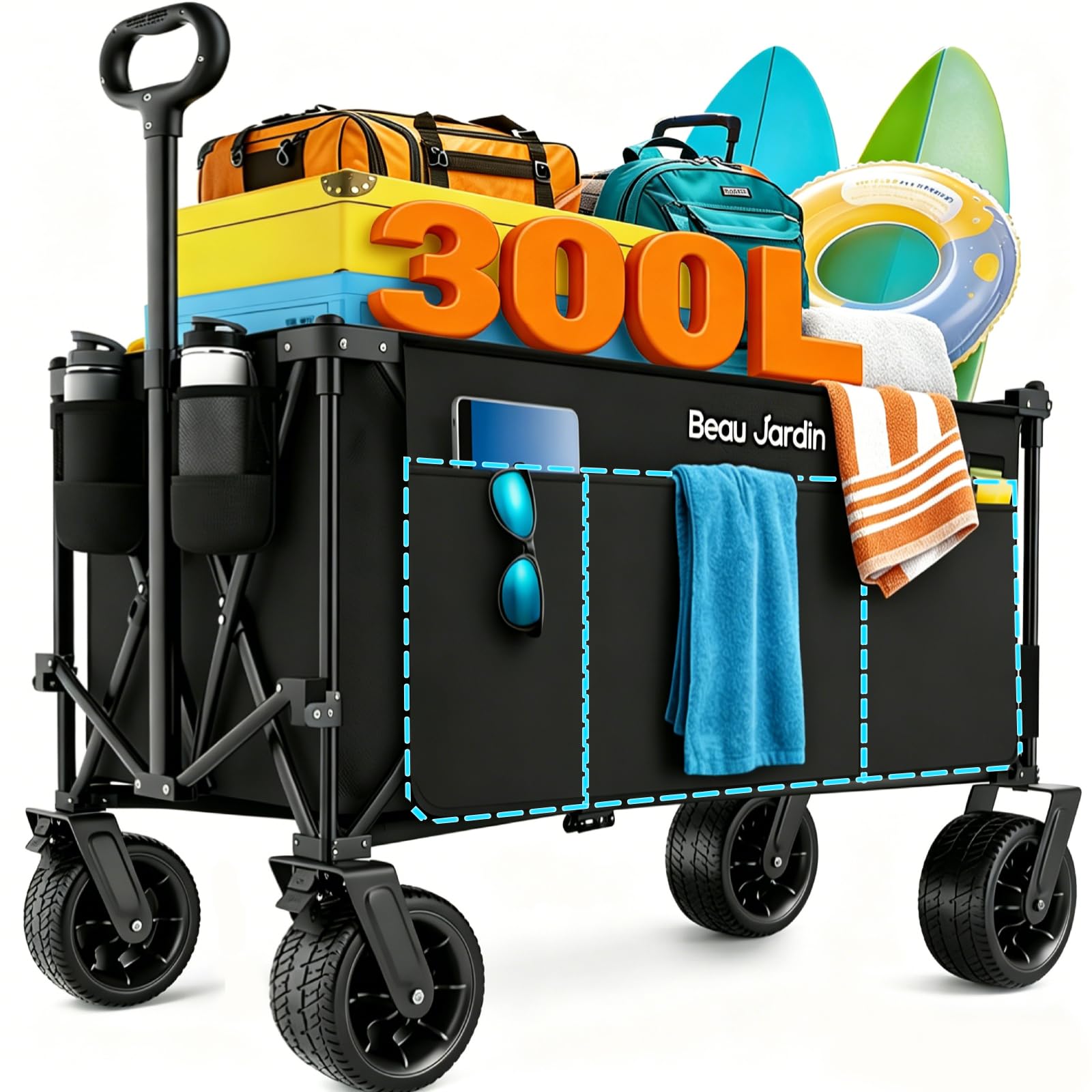 Beau Jardin Black -Pocket Xxl Festival Trolley On Wheels 300L 200Kg, Folding Wagon Portable Camping Cart Collapsible Foldable Trolly For Beach Outdoor Garden Picnic Shopping Fishing, Wide Wheels Adjustable Handle