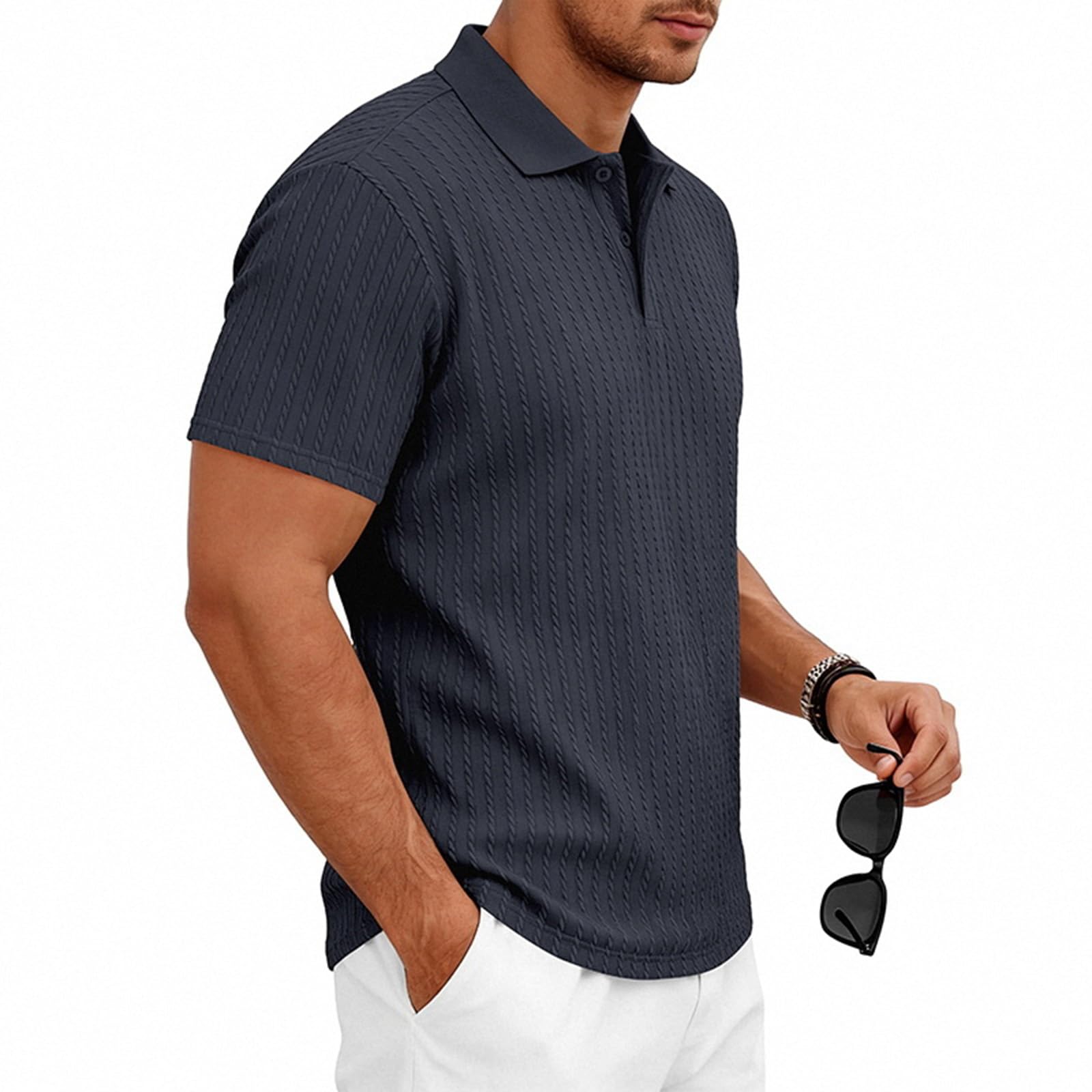 Polo Homme Texturé à Rayures Verticales Col Rabattu Boutonné Manches Courtes Été Confortable Coupe Ajustée Séchage Rapide pour Style Urbain et Décontracté