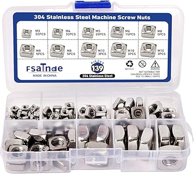 304 Stainless Steel Machine Square Screw Nuts 304 Square Nuts Metric Assortment Kit Nut 139Pcs