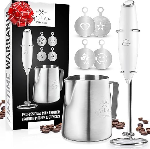 Zulay Kitchen Premium Gift Milk Frother Complete Set - Handheld Foam Maker, Stencils & Frother Set - Whisk Drink Mixer for Coffee - Mini Blender for Cappuccino, Frappe