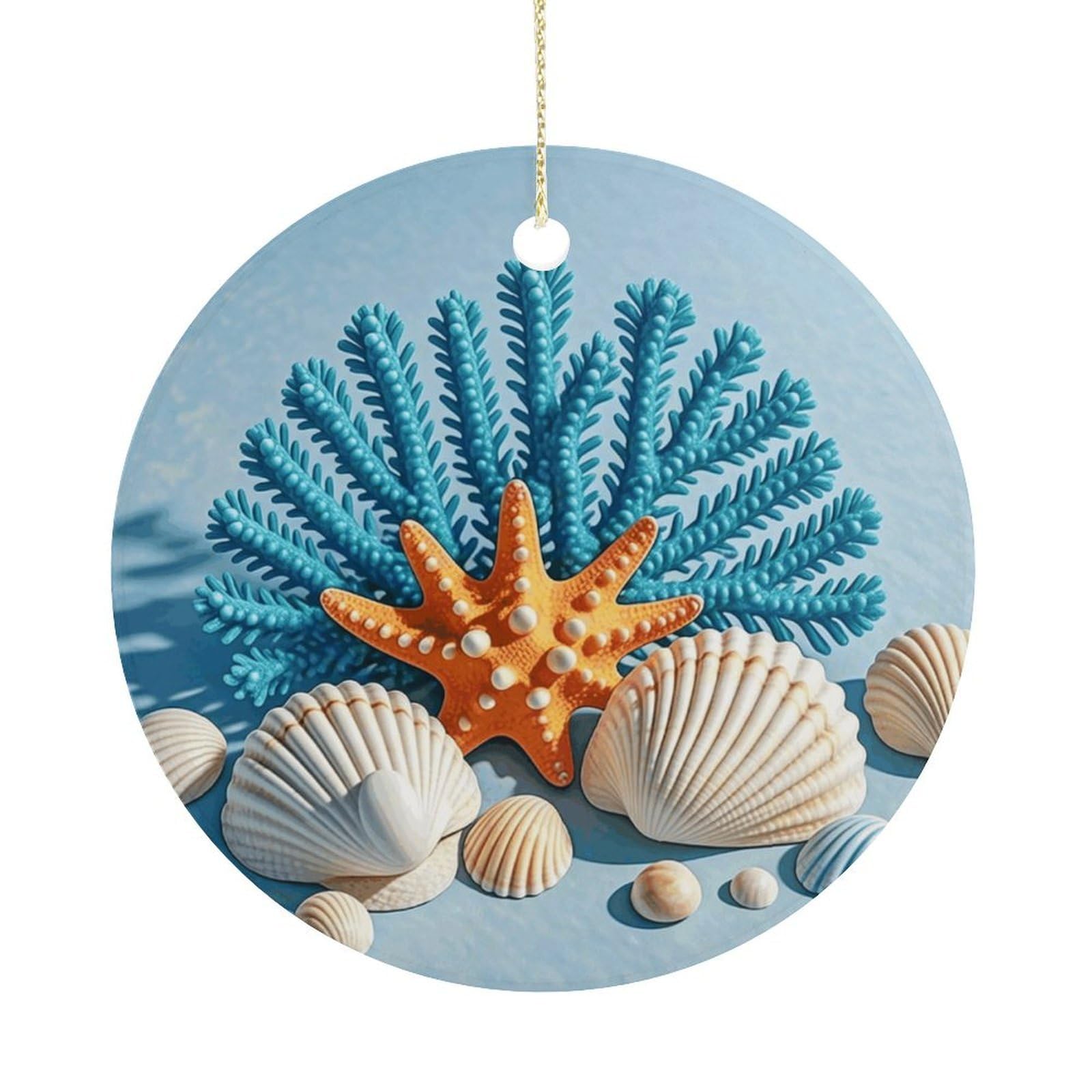 Personalized Christmas Ornaments 2025 Ceramic Hanging Ocean Seashells Ornaments with Gold String Double-Sided Vintage Holiday Decorations for Tree Mantel Tabletop Xmas Party Favors