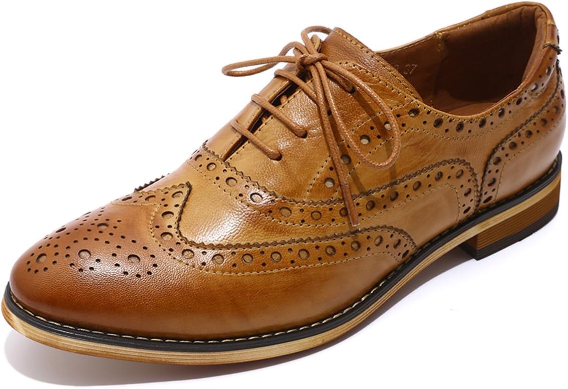 Women's Leather Perforated Lace-up Oxfords Brogue Wingtip Shoes for Ladies Women