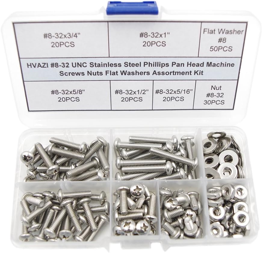 HVAZI #6-32 UNC Stainless Steel Phillips Flat Head Machine Screws & Nuts Kit – 220-Piece Assortment With Case