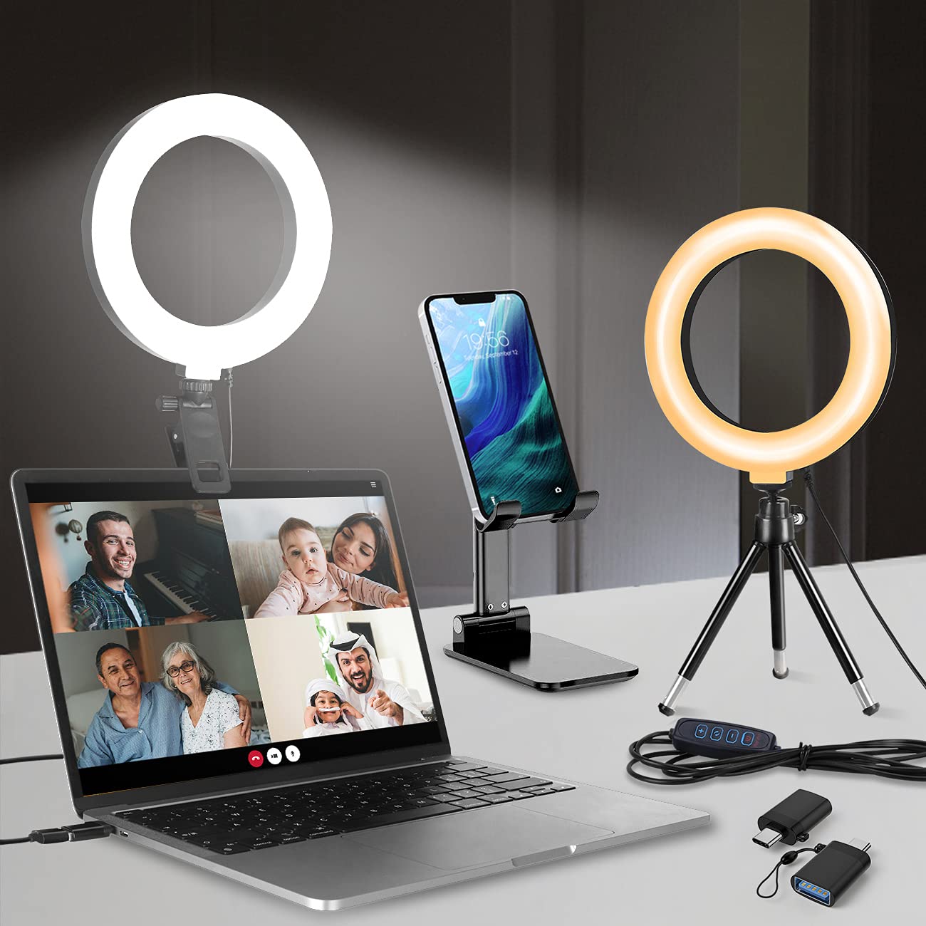 Video Conference Lighting Kit with Phone Stand, Lusweimi 2-Pack Ring Light with USB-C for Computer/Laptop/Remote Working/Zoom Lighting, Webcam Lights Clip on MacBook Monitor with Mini Tripod