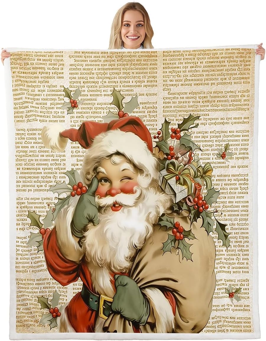 Feelyou Merry Christmas Plush Blanket Santa Claus Fleece Throw Blanket for Kids Boys Girls New Year Theme Sherpa Blanket Xmas Decor Vintage Fuzzy Blanket for Sofa Bed Couch,Twin 60x80 Inches