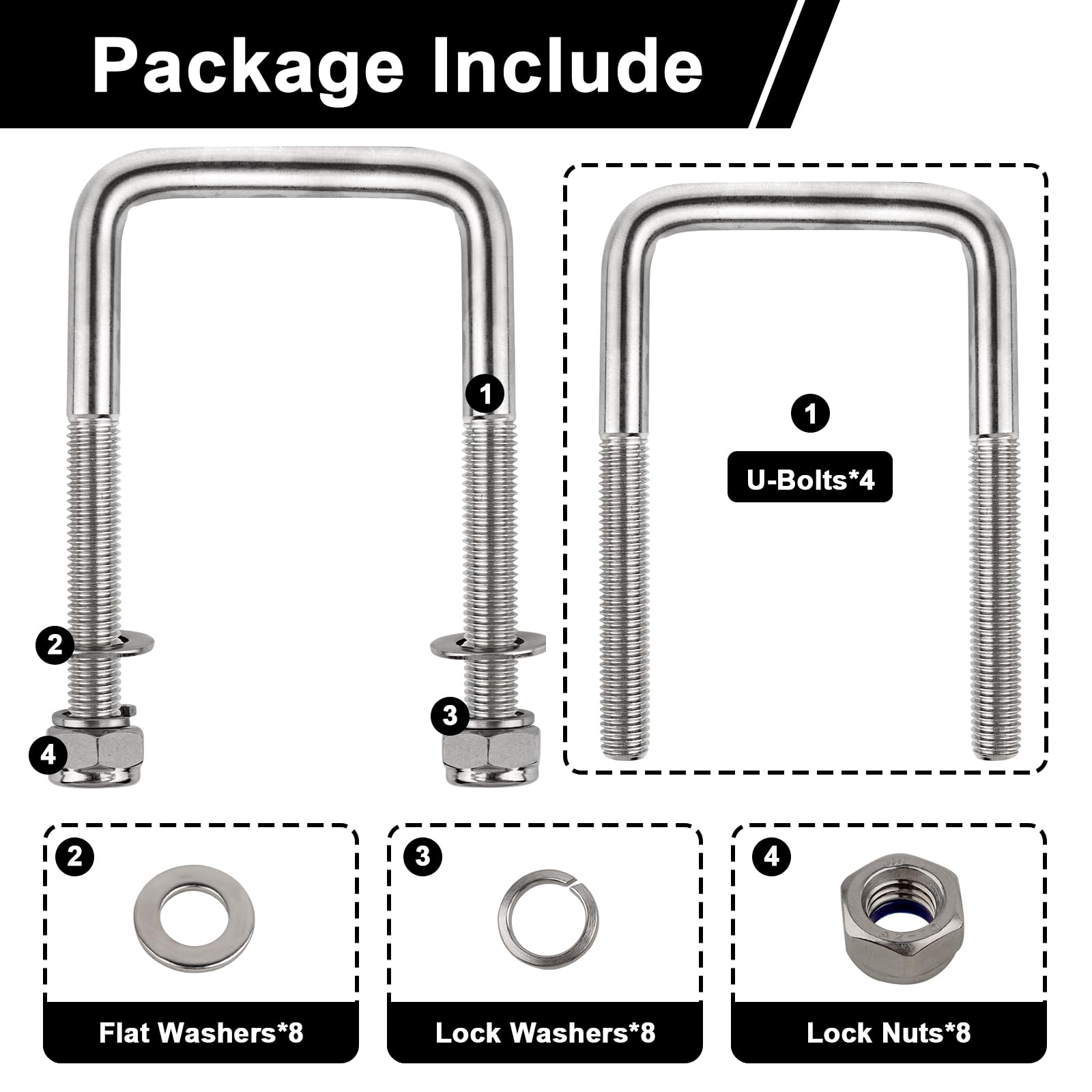 4 Sets Square U-Bolts – 304 Stainless Steel, 3" Wide, For Boat Trailers & Auto, With Plates & Nuts
