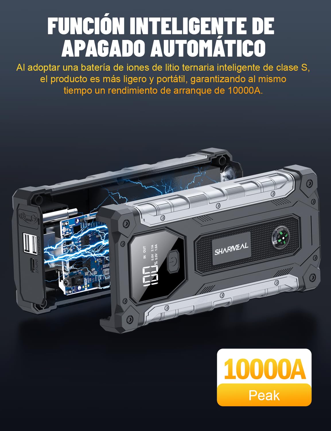 Arrancador de Coche, 10000A Arrancador de Baterías de Coche, 12V Arrancador de Portátil con para All Gasolina o 10L Diesel, Clips de Seguridad Inteligentes, Portable Jump Starter con Linterna LED