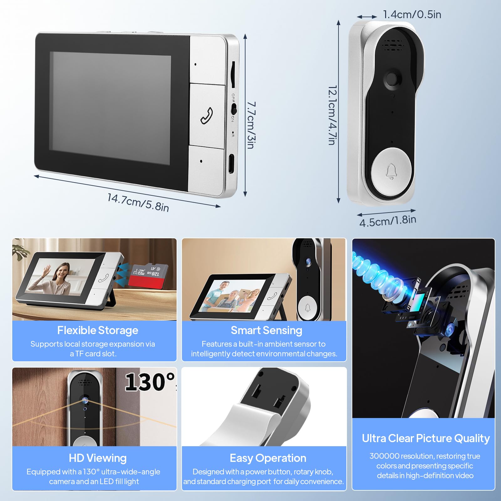 Sonnette sans Fil avec Caméra, Visiophone Vidéo Extérieur, sonnette vidéo étanche IP65 1080p avec Écran 4.3", angle de vision HD 360°, Audio bidirectionnel, vision nocturne, sans APP,sans WiFi