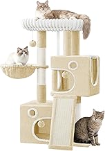 Hzuaneri 98cm Cat Tree, Cat Tower for Indoor Cats, Multi-Level Cats House Furniture with Scratching Post, 2 Caves, Large Platform, Scratching Ramp, Pompom, Beige MS10118YL