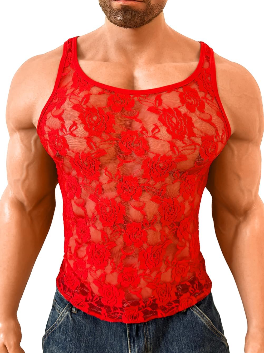 EHSUYAB Men Sexy Lace Tank Top, Sheer Mesh Shirt Sissy Clothes