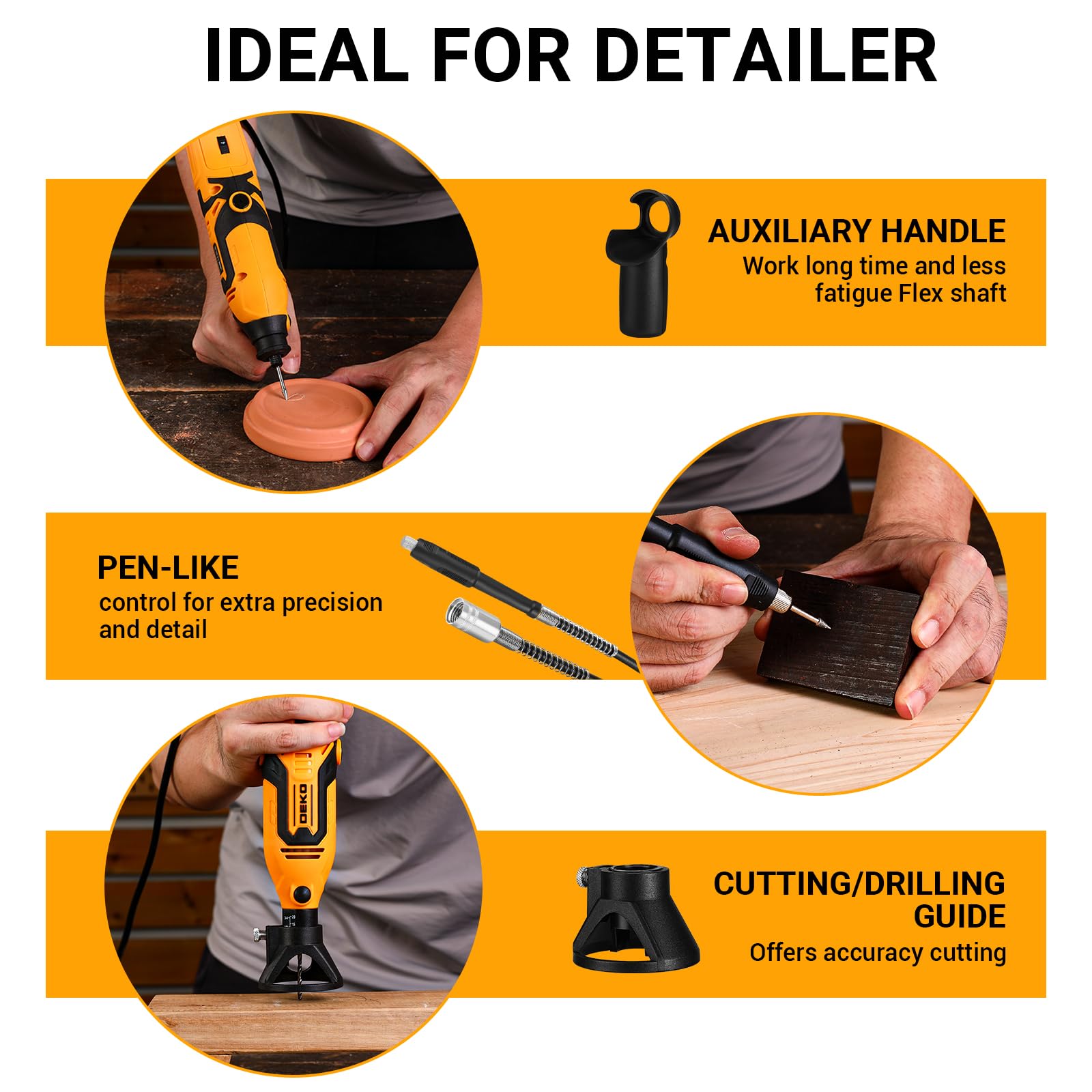 Kit di utensile multifunzione 170W: DEKOPRO 126pc Kit Multiuso per DIY, Mini trapano elettrico per legno/metallo - con albero flessibile per rettifica, incisione, lucidatura, pulizia (Giallo)
