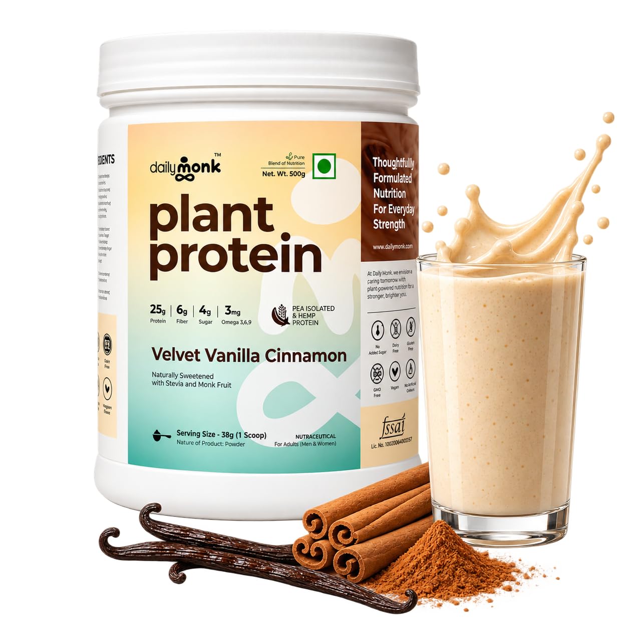 [BRSRGYAEA54GC3LO] DailyMonk Plant Protein Powder Velvet Vanilla Cinnamon 500g | 25g Protein, 6g Fiber | Pea Protein Isolate | Easy to Digest & Gut-Friendly | Probiotics, Adaptogens & Superfoods | For Men & Women | No Added Sugar