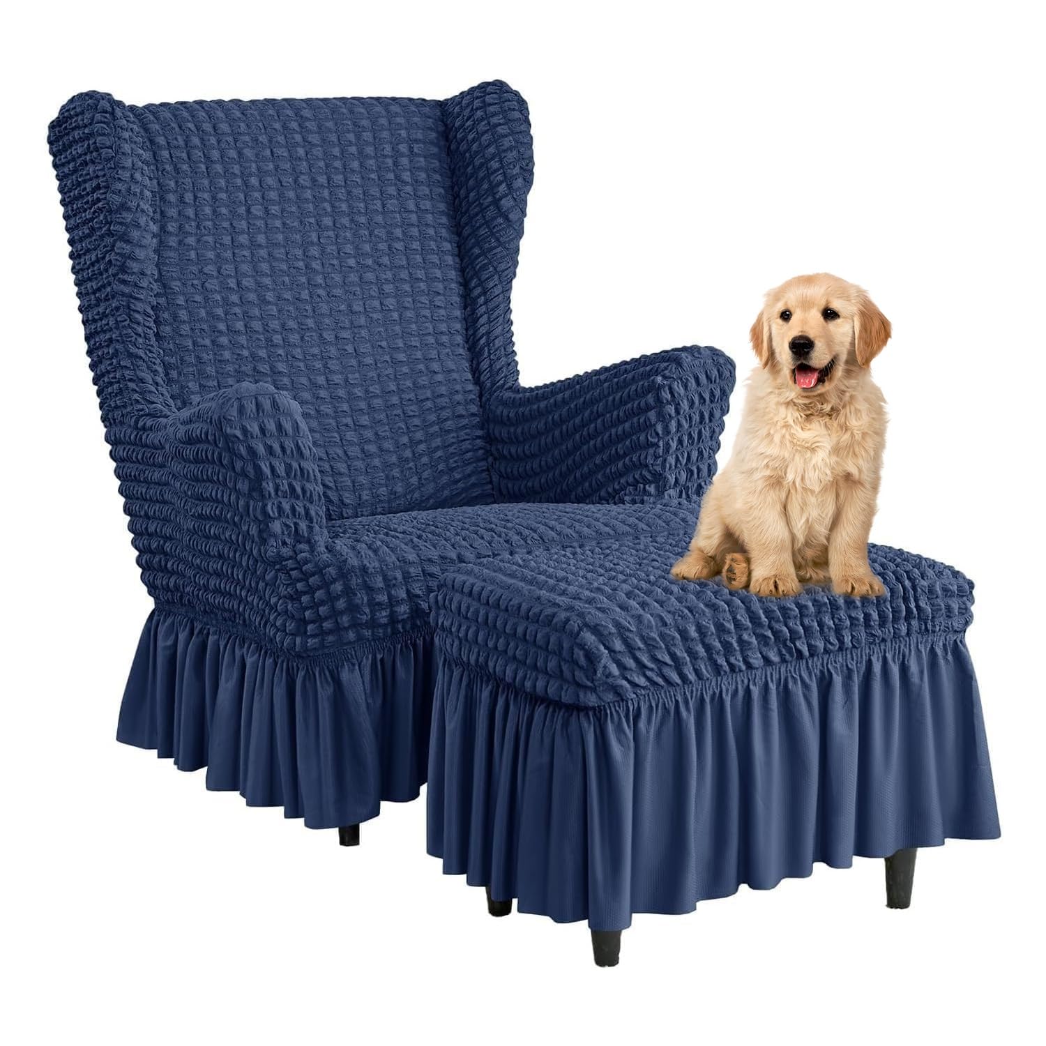 Funda sillón orejero seersucker elástica con falda protector azul oscuro