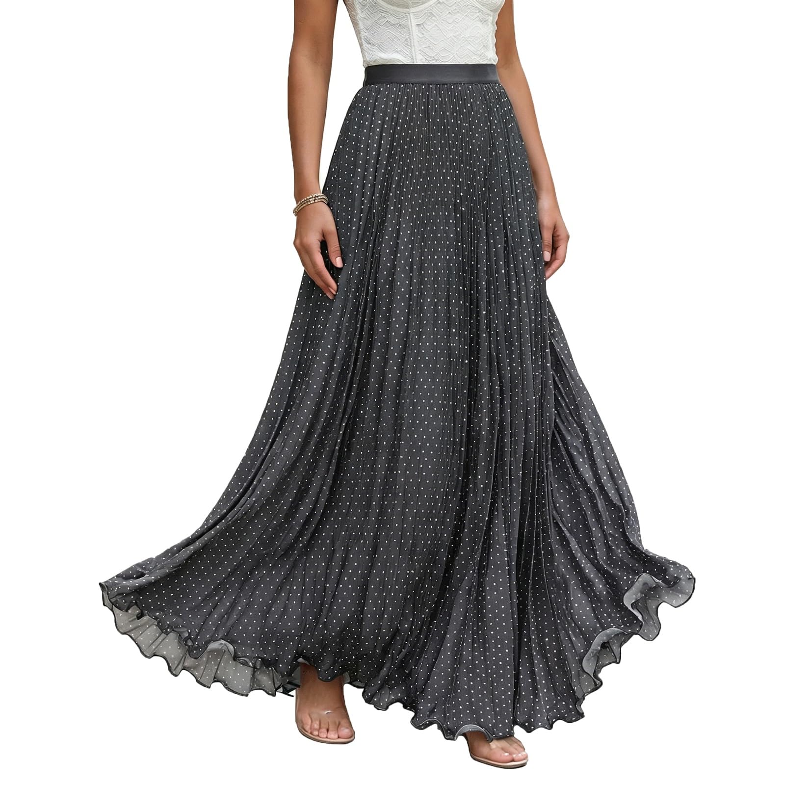 Midi Long Skirt Pleated Women's Maxi Skirts Polka Dot Printed(Gray,Small)
