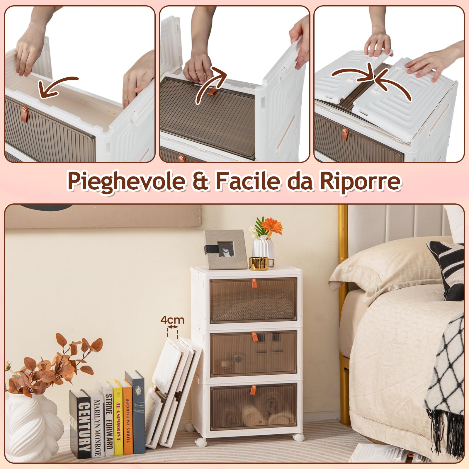 GYMAX Scatole Impilabili con Ante, Contenitori di Plastica Pieghevoli, Scarpiera Modulare con 4 Ruote per Scarpe, Vestiti, Giocattoli, Asciugamani (L)