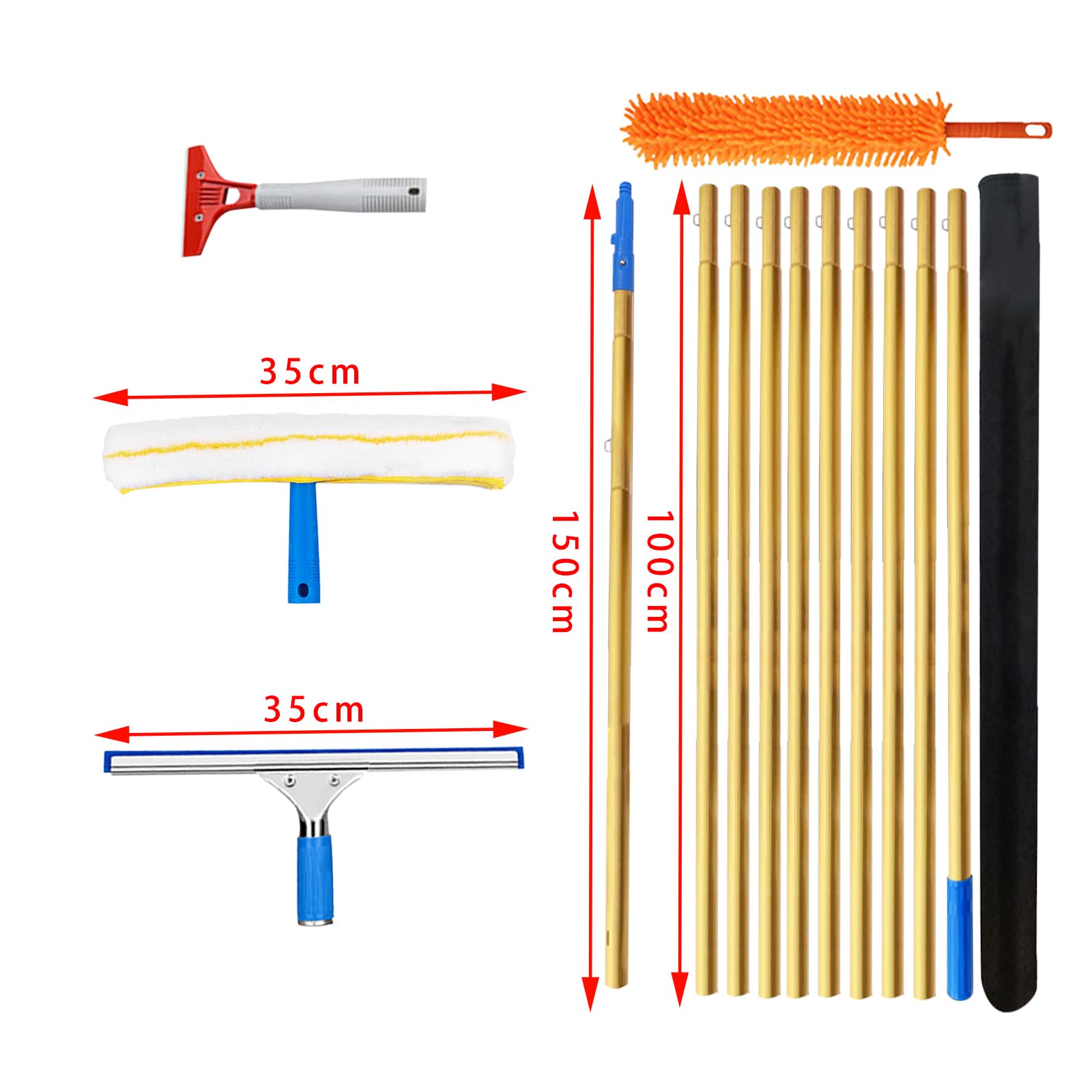 Limpiacristales Profesional con limpiacristales 35cm,Paño de Microfibra extraíble de 35 cm,Plumero,Bolsas,Rascador,Limpia Cristales para Ventanas Altas (10.5m)