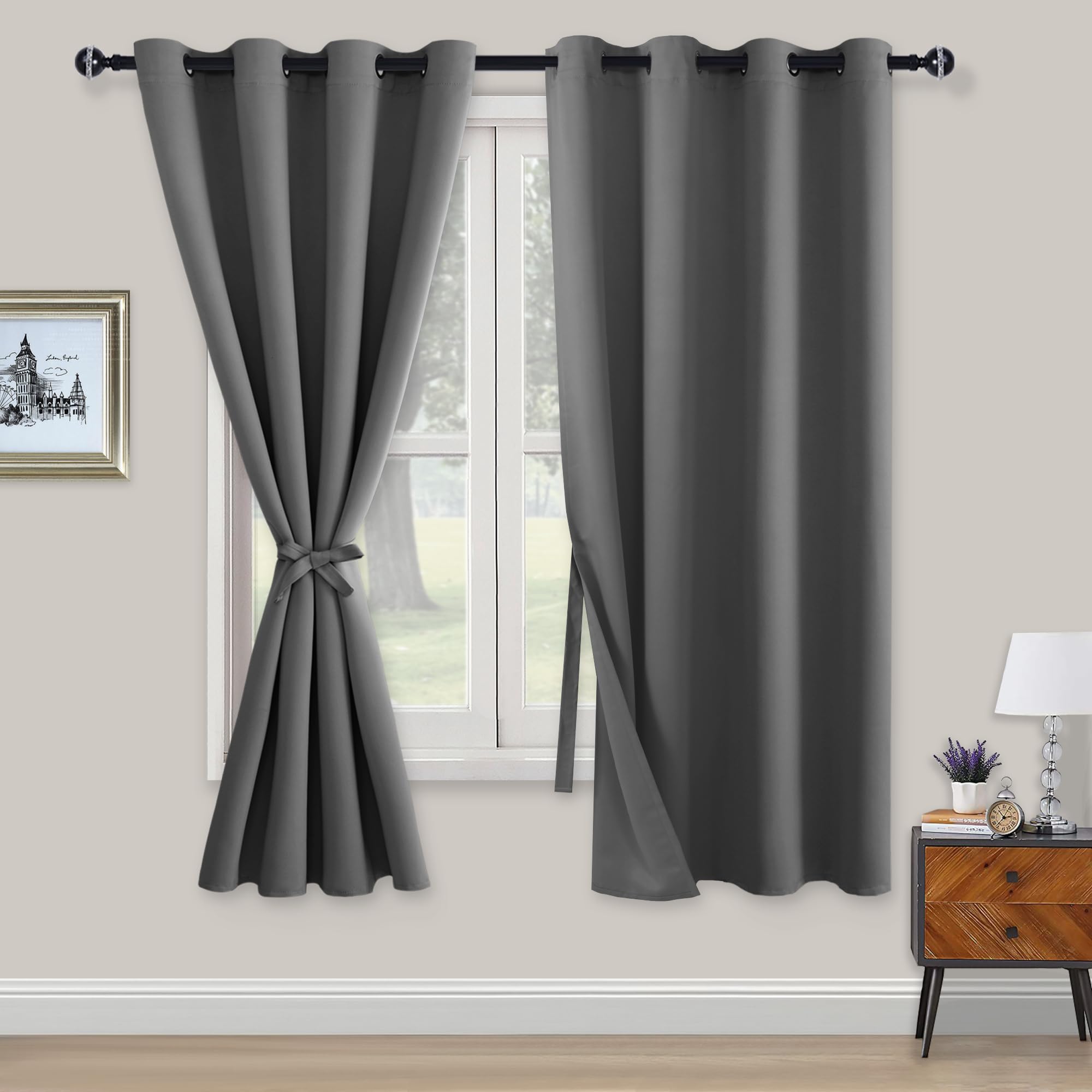 XWZO Grommet Blackout Curtains 2 Pieces Blackout Curtains with Tiebacks Blackout Curtains for Bedroom Living Room Office 69 x 55 Inch, Grey Recycled Claim Standard 100