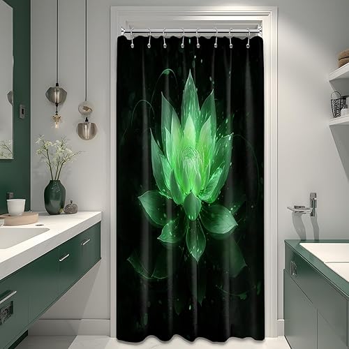 Miniatura 39 de Cortina de ducha negra y dorada con flores de loto amarillo dorado para juegos de decoración de baño, tela impermeable con ganchos, 70 x 72 pulgadas