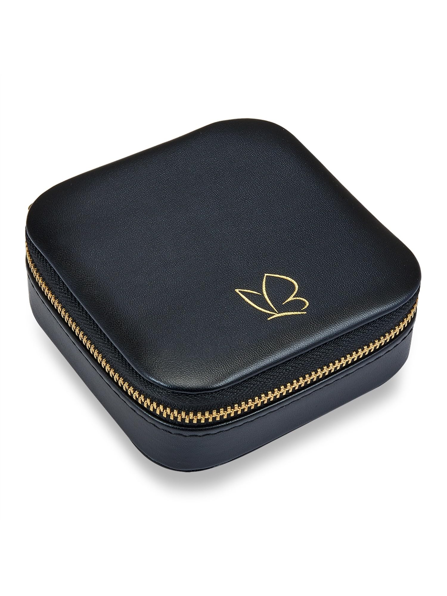 GLANZSTÜCKE MÜNCHEN Schmuck-Reisetäschchen Kunstleder schwarz 10 x 10 x 3,5 cm Samt creme Schmucketui Schmuckschatulle für die Reise