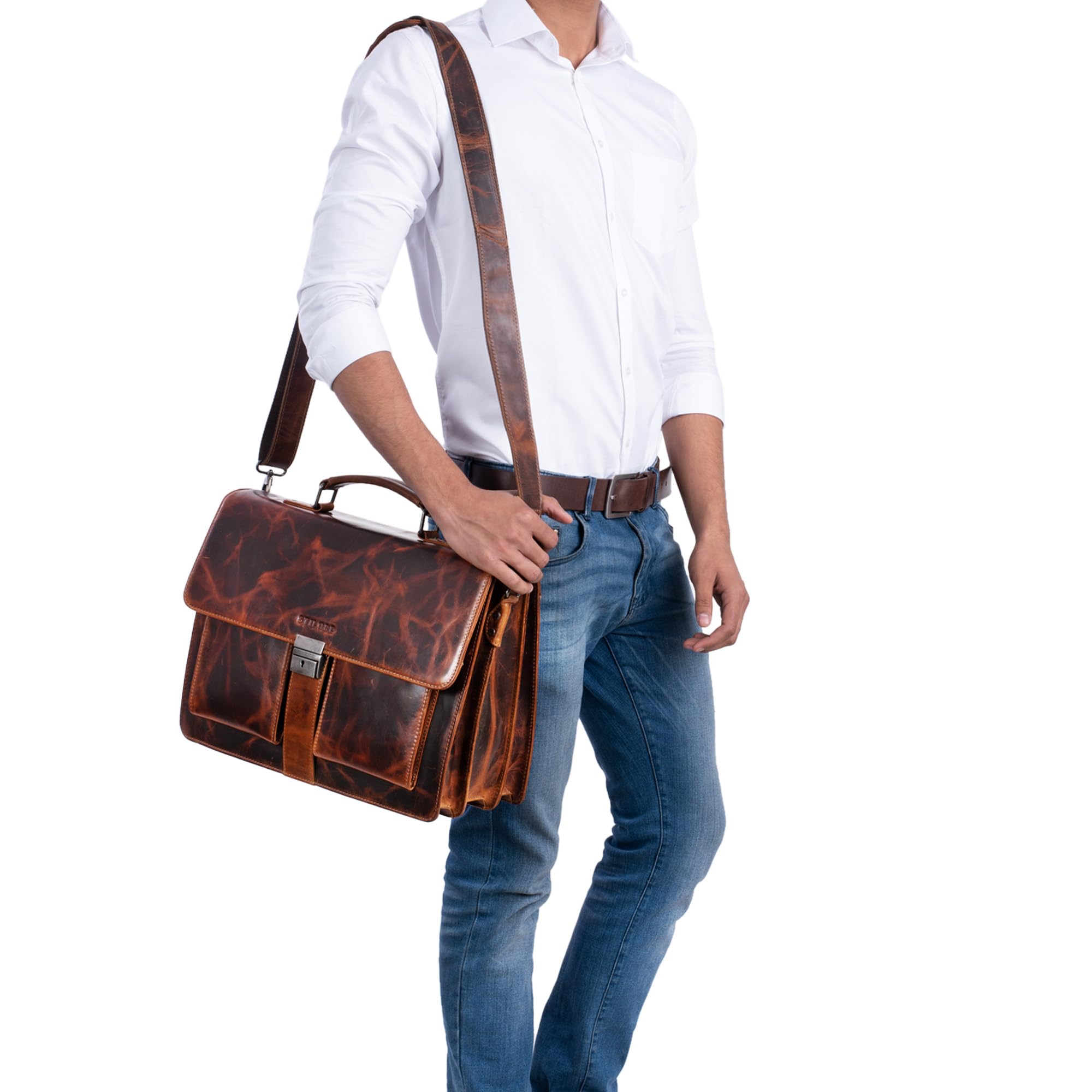 STILORD Eros Maletín de Cuero de 15,6 Pulgadas portátil Bolso de Negocios Bandolera Gran Bolso de Trabajo XL Cuero Vacuno Auténtico Color:Sepia - marrón