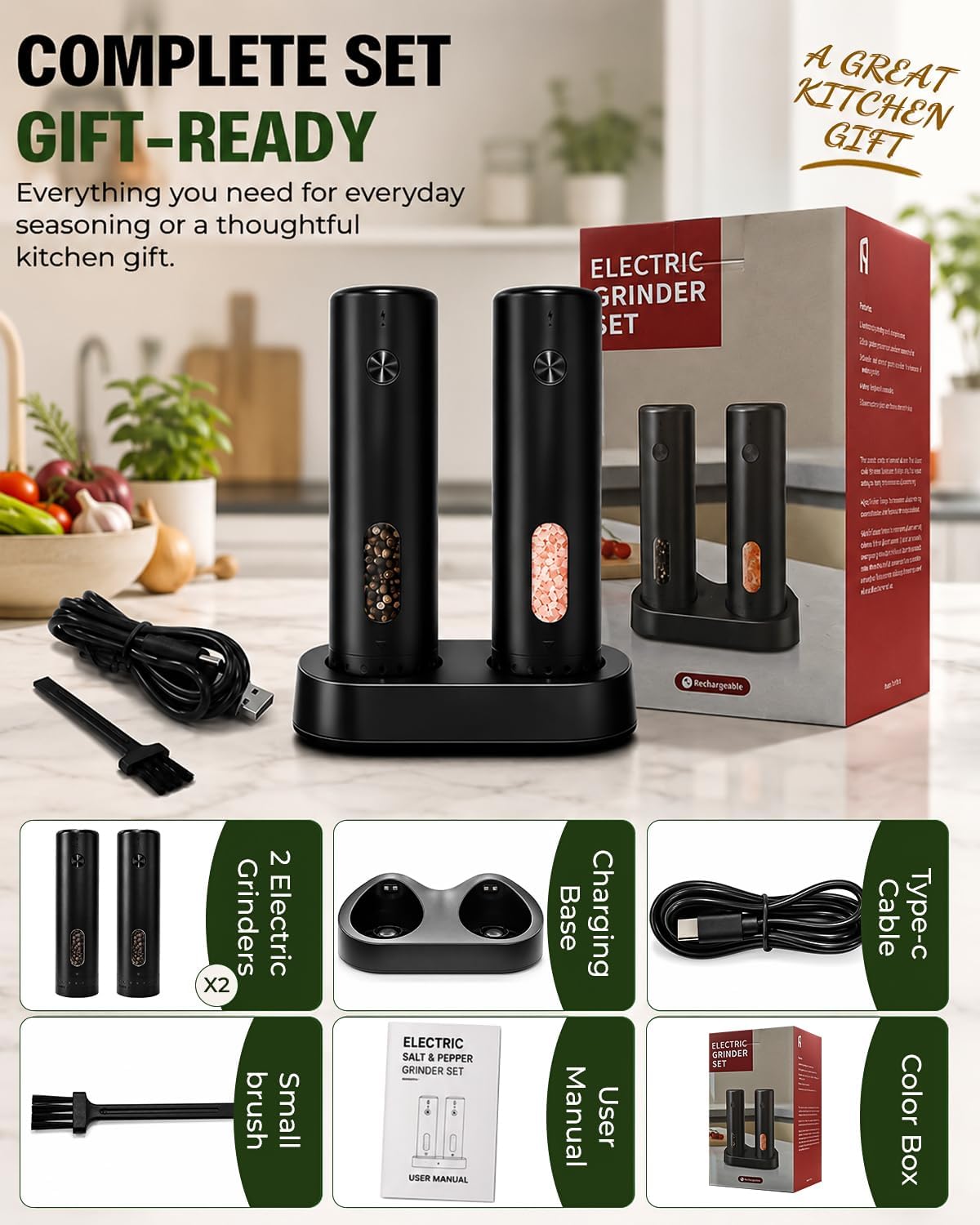 COOLMI Electric Salt and Pepper Grinder Set, Rechargeable Automatic Mills with Charging Base, Adjustable Coarseness, LED Light, Ceramic Core, 110ml, Black 2 Pack
