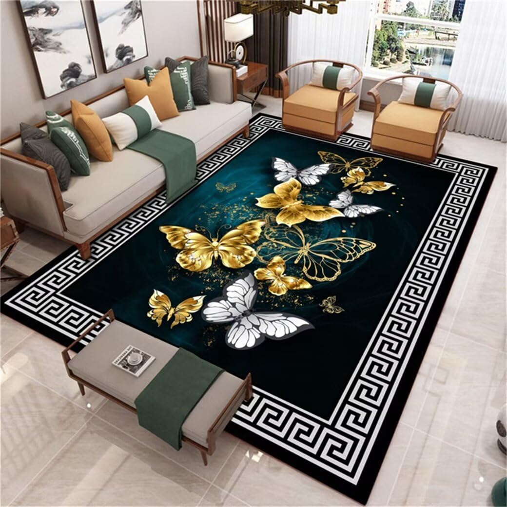 Tapis couloir bleu au style oriental avec motifs papillons