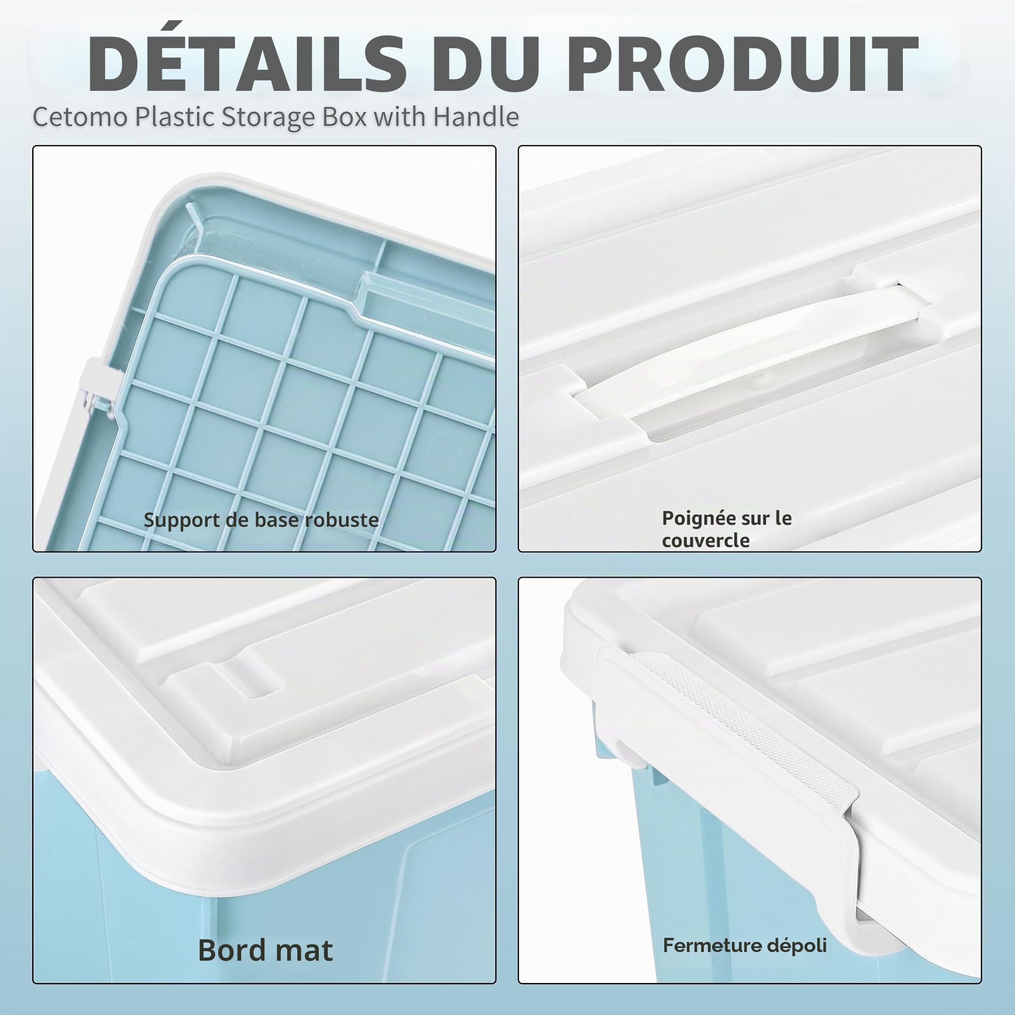 Cetomo 45L*3 Boîte de Rangement, Bac de rangement avec Poignée, Plastique Organisateur avec Couvercle, Empilable, Transportable, pour Vêtements, Bureau, Chambre, Dortoirs, Bleu, 45L - Lot de 3
