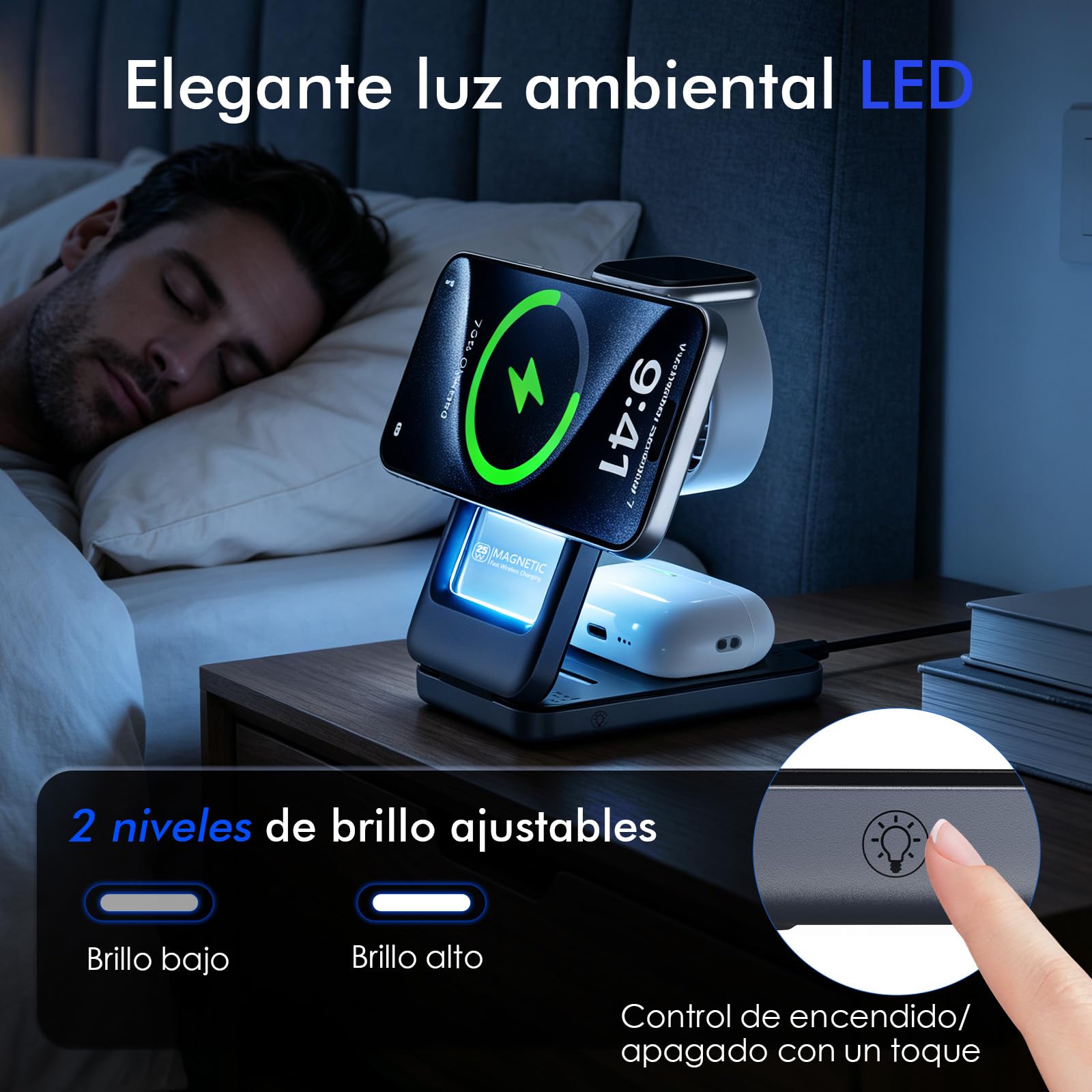 Cargador Inalámbrico Qi2.2 25W, 3 en 1 Estacion de Carga Plegable para apple17 16 15 14 13 12/Pixel 10 Galaxy S26 etc, para Auriculares, para Apple Reloj con Adaptador de 45W