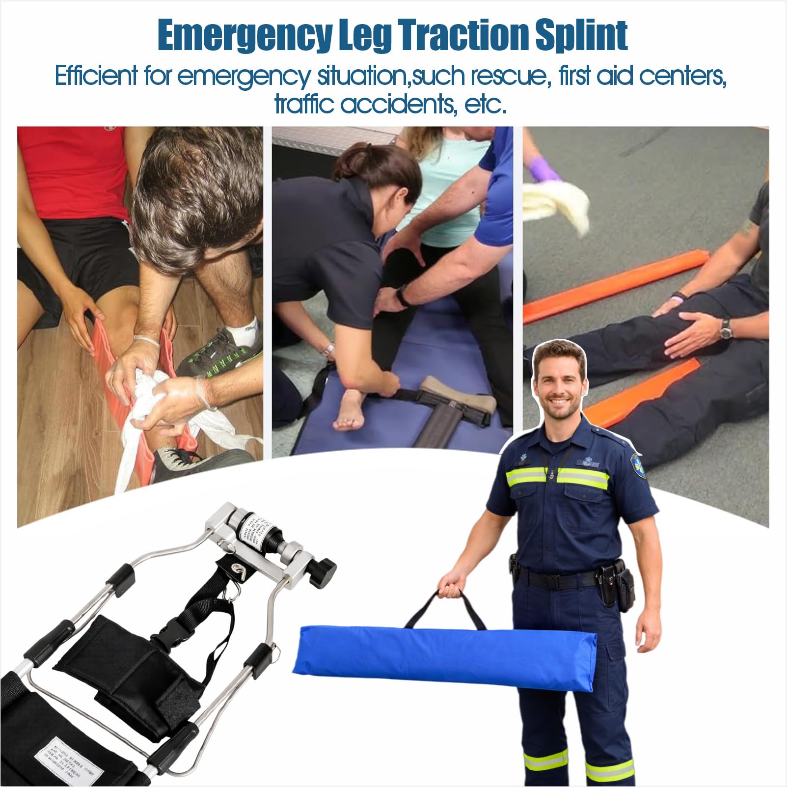 Splint de traction de jambe d'urgence - immobilisateur de fracture pour le mollet et la cuisse, dispositif de premiers soins et de sauvetage réglable avec sangles rembourrées pour EMS Pour enfant