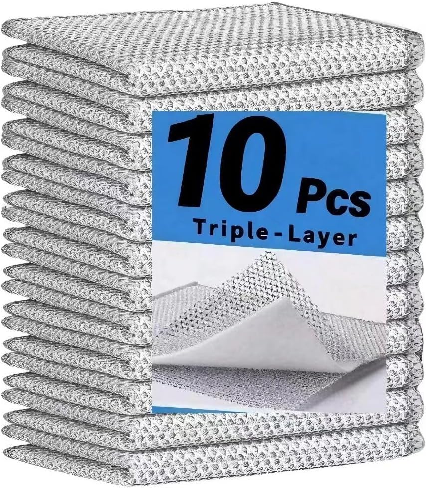 10 Pcs Non Scratch Wire Dishcloth, Upgraded 3-Layer Multipurpose Dishwashing Rags, Fast Dry No Smell Reusable Scrubbing Pads, for Kitchen, Sinks, Utensils, Stovetops, Restaurant (7.87Inchx7.87 Inch)