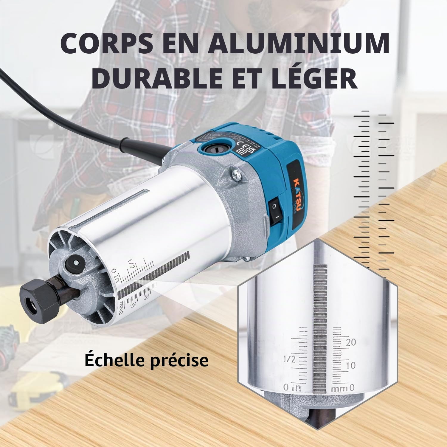KATSU Tools Toupie/affleureuse bois électrique 710 W – démarrage en douceur, base plongeante, corps aluminium, 3 mandrins (1/4", 6 mm, 8 mm) bricolage