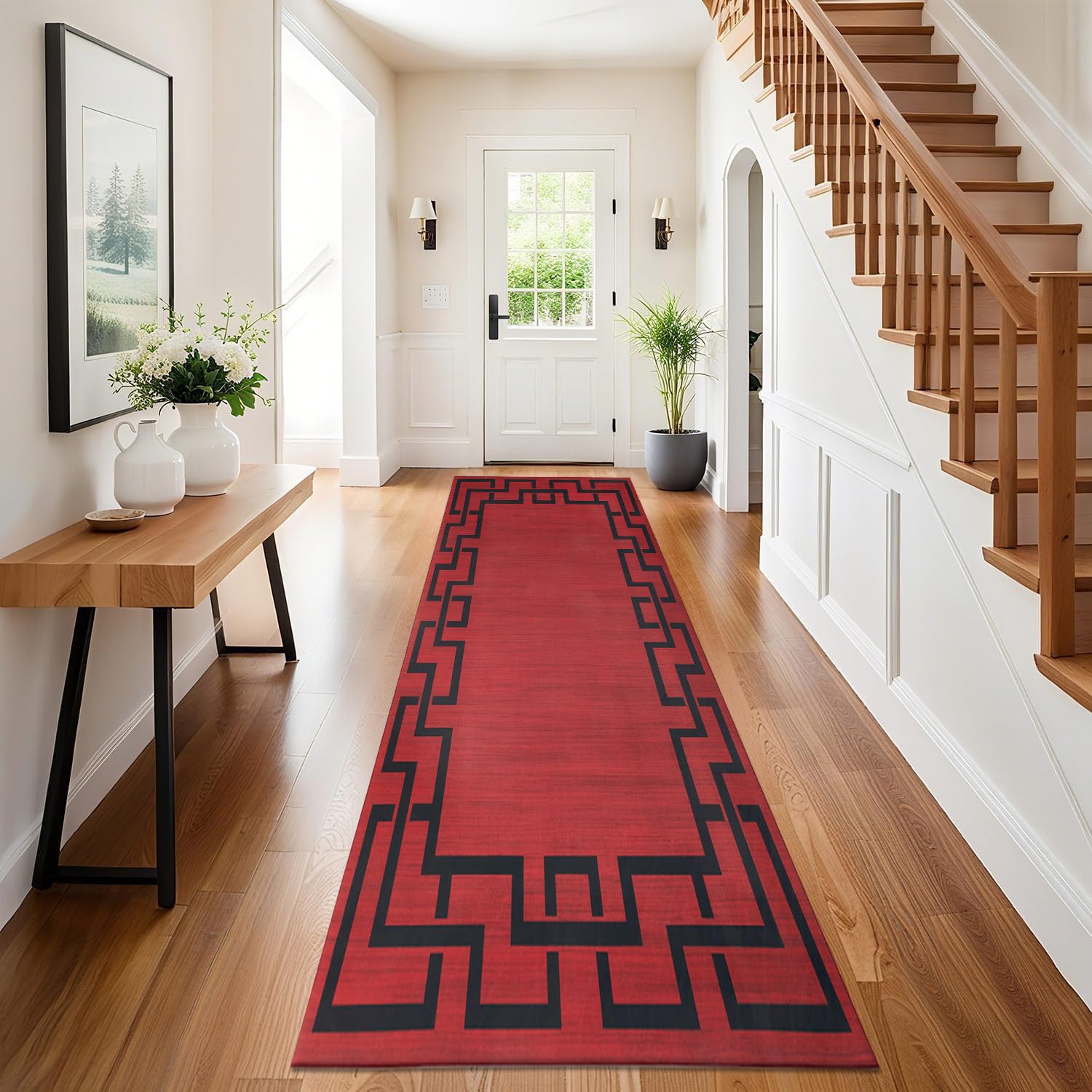Hafaa Carpet Runners for Living room Red Runner Rugs for Hallway Non-Slip long 80 x 300 cm – Greek Key Style Modern Low Pile Bedroom Carpet (Lexi) — image 1