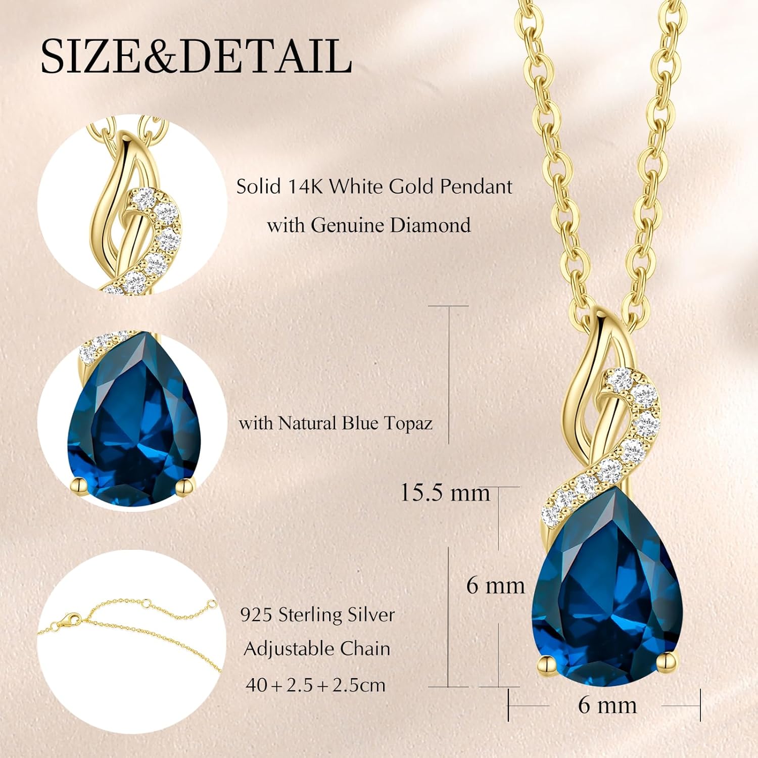 FANCIME 14K Solid Yellow Gold Teardrop Pendant with Diamond Birthstone Necklace Birthday Gifts for Mom Women, Sterling Silver Chain 16" + 2" Extender - Image 2