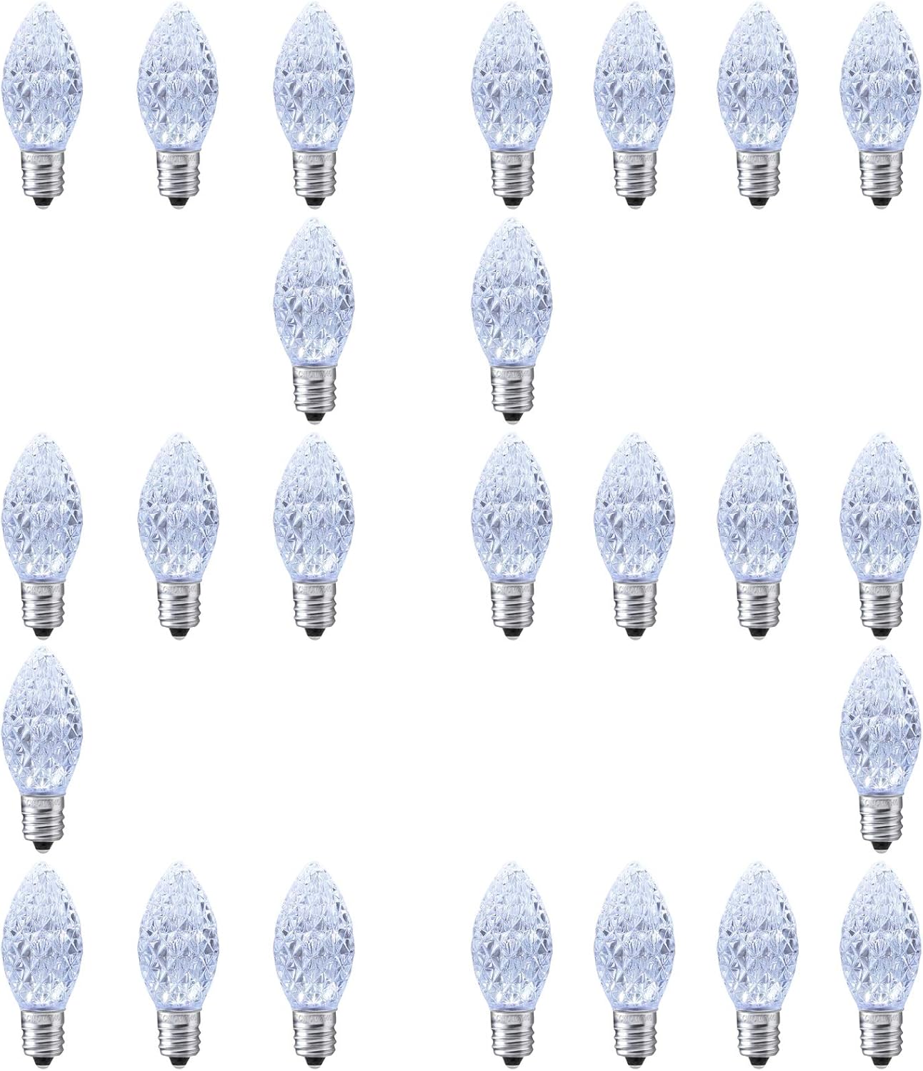 25 Pack C7 Cool White LED Replacement Christmas Light Faceted Bulbs, 0.72W, 2 SMD LEDs in Each Light Bulb, E12 Base, Commercial Grade Replacement Bulbs Dimmable Waterproof