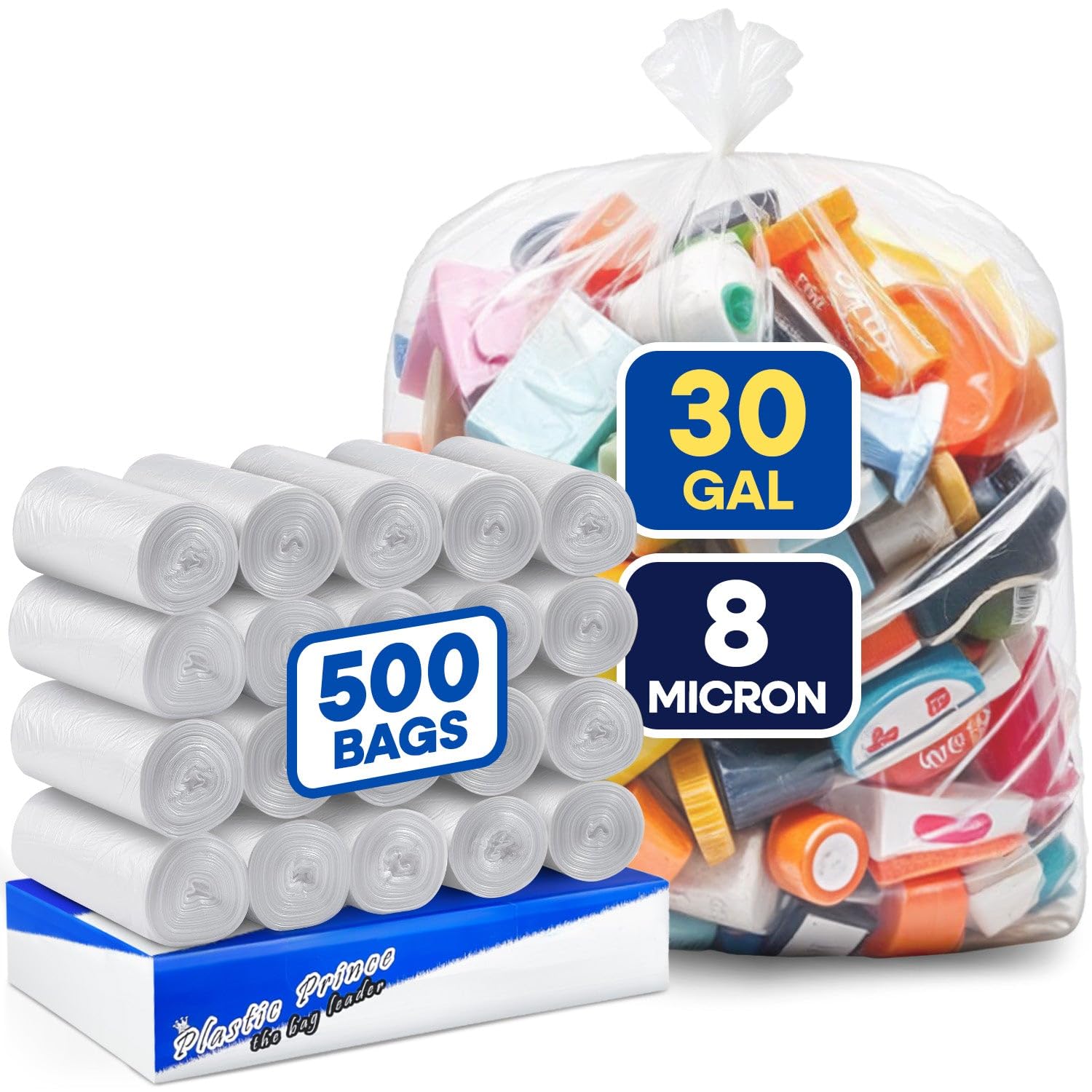 PLASTIC PRINCE 20-30 Gallon Garbage Bags High Density Clear 30" x 37" Trash Can Liners 8 Micron Trash Bags Pack of 500