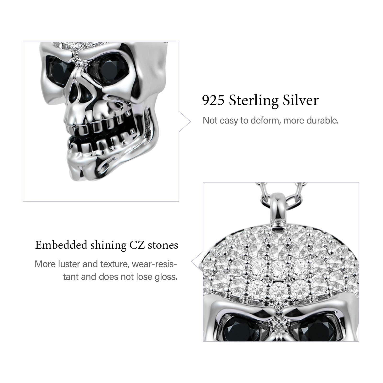 GNOCE Halloween Schädel Anhänger Halskette 925 Sterling Silber Totenkopf Halskette mit Glänzend weißer Kristall Steinen Mode Schmuck für Frauen Herren