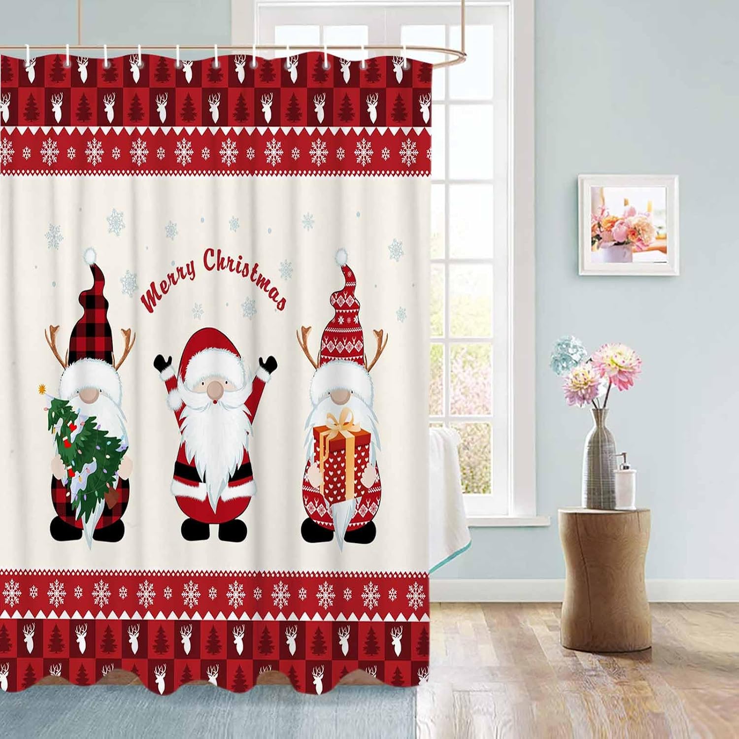 Christmas Waterproof Shower Curtains Set - Extra Long 72 x 78 Inch, Xmas Gnomes Gifts Merry Christmas Polyester Fabric Bathroom Curtain with 12 Hooks, Bathroom Accessories, 1 Panel