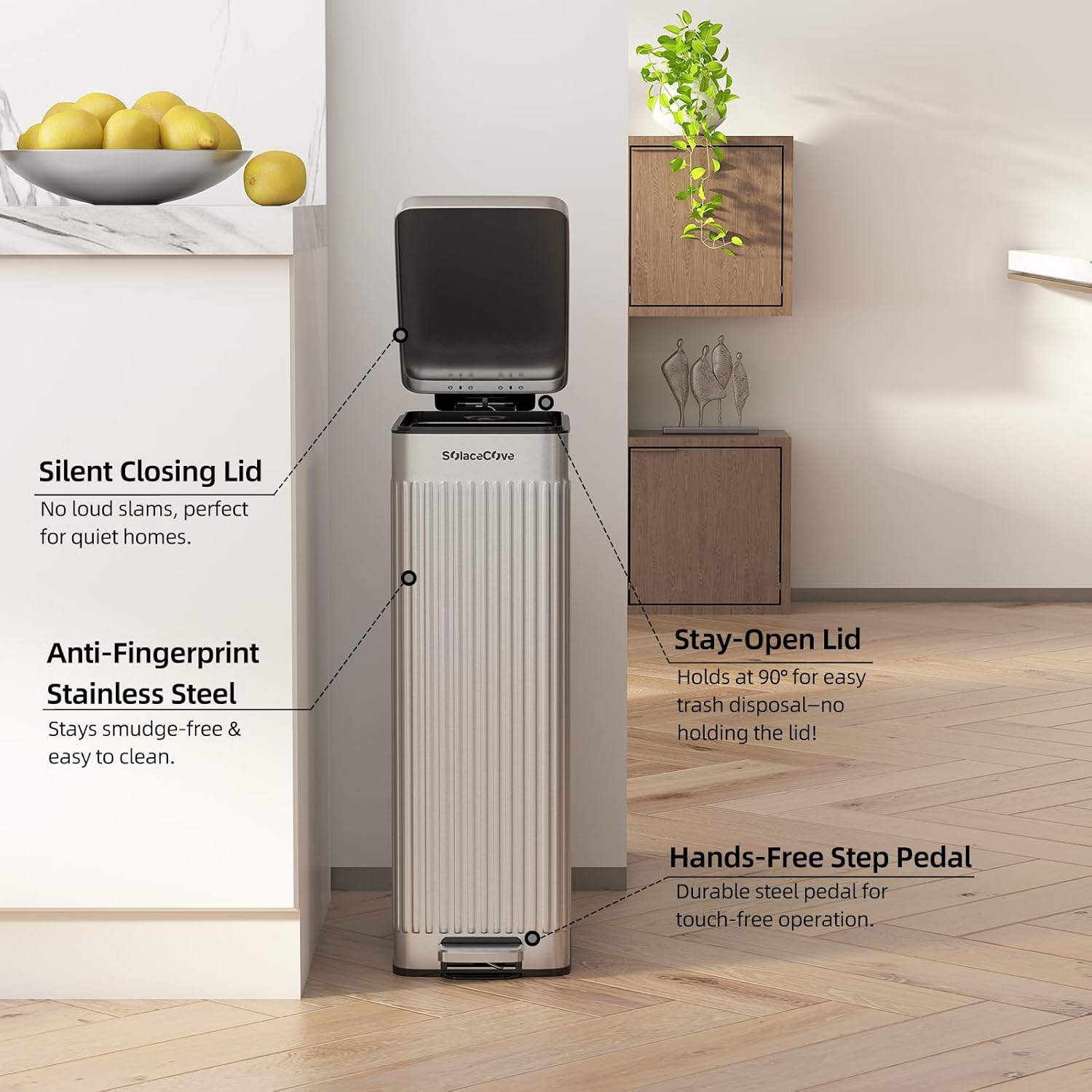 Soft-Close Trash Can with lid，8 Gallon/30L Anti-Fingerprint Stainless Steel Garbage Can with Foot Pedal for Kitchen